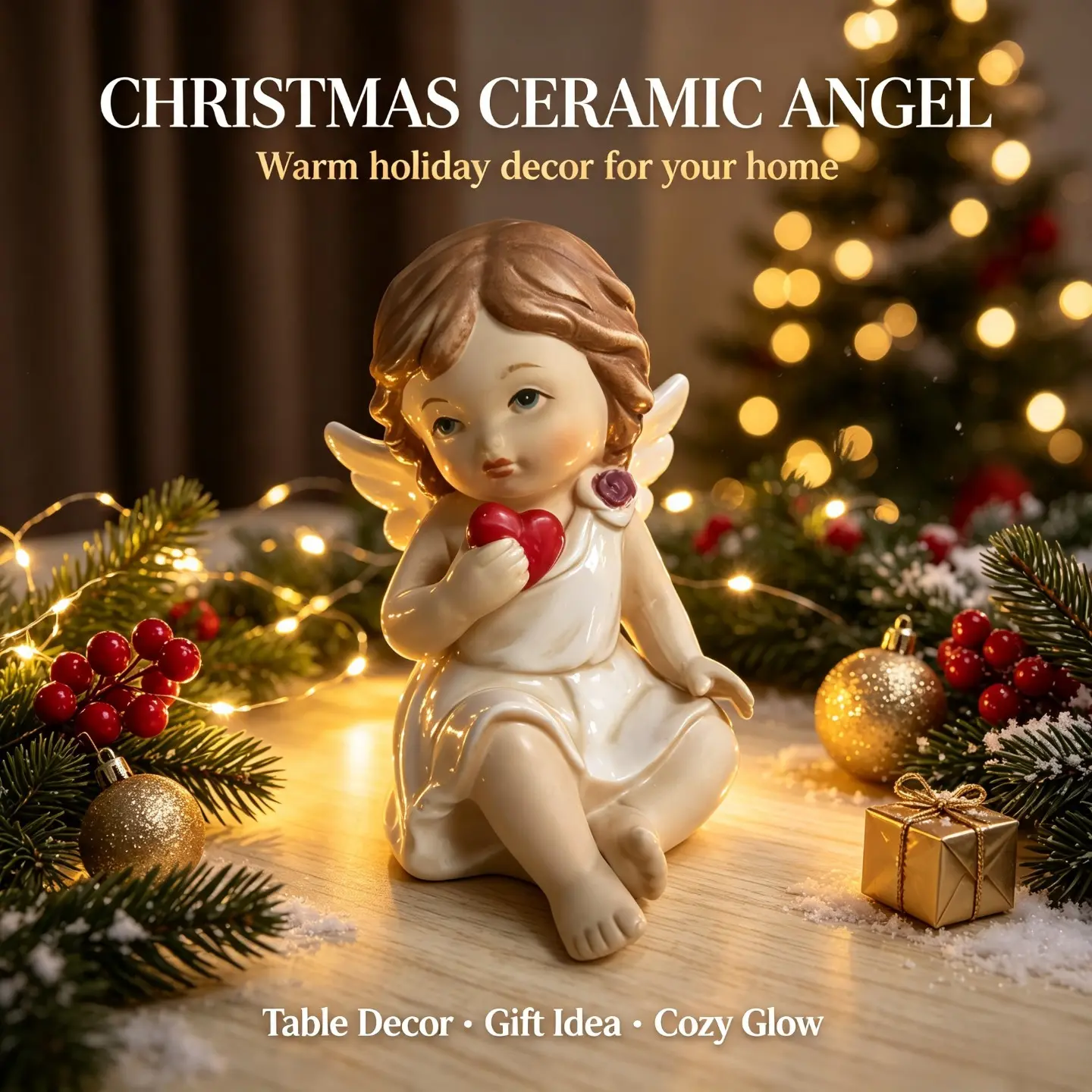 Christmas Ceramic Angel Figurine, Cute Sitting Cherub Statue Hold Red Heart, Vintage Porcelain Angel Ornament, Xmas Tabletop Shelf Mantel Home Decor, Holiday Party Desktop Centerpiece Decoration, Perfect Christmas Gift, Thanksgiving New Year Present, Cozy