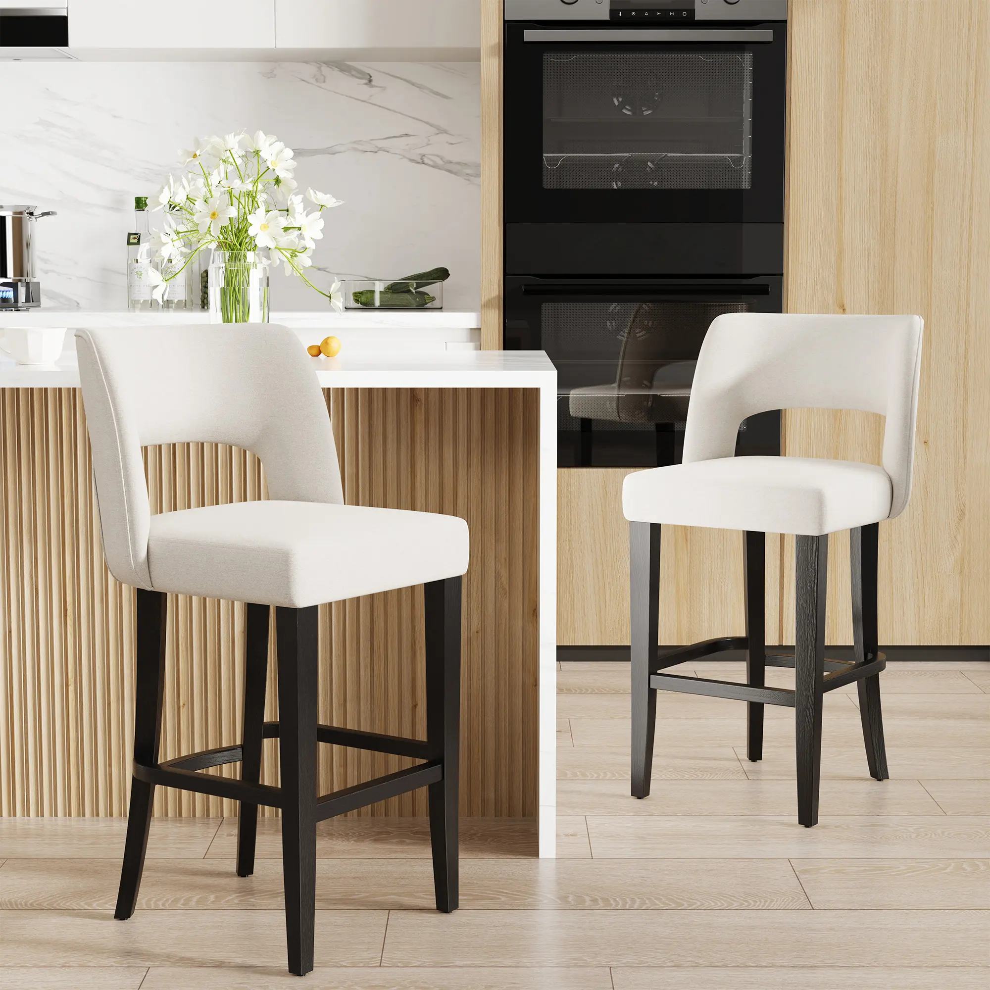 26" Bar Stool Set of 2 with Wood Legs – Modern Counter Height Stool for Kitchen Island, Ergonomic Upholstered Backrest Dining Bar Chairs for Living Room
