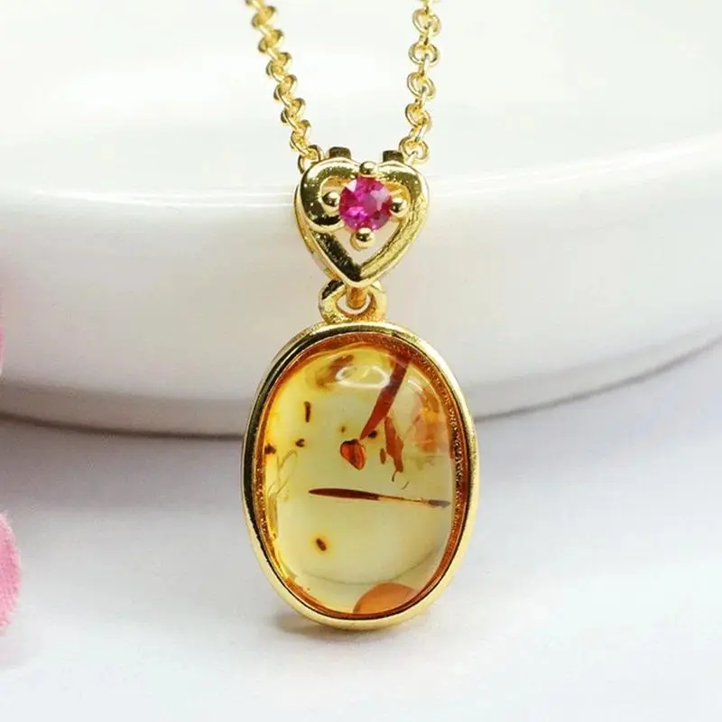 Natural Amber Pendant Floral Amber Necklace Jewelry Female Craftsmanship Direct Shipping HP3120512 Gold Plated Gemstone Inlay...