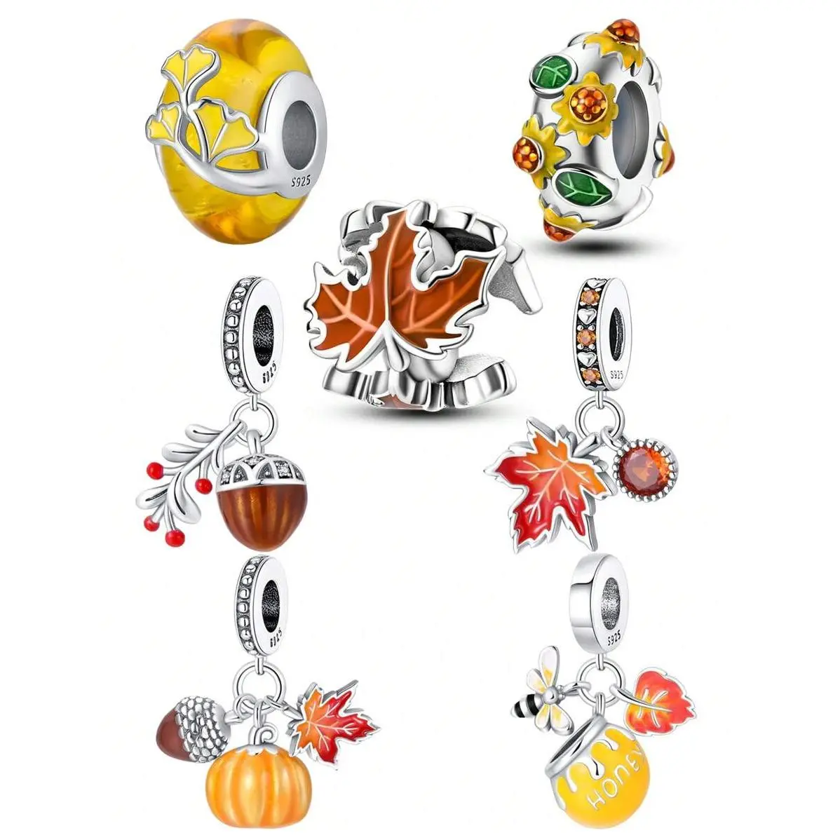Silver Plated Charm Pinecone Pumpkin Honey Ginkgo Leaves Maple Autumn Series Beads Charm Pendant Ball Suitable For Bracelets DIY Women's Jewelry