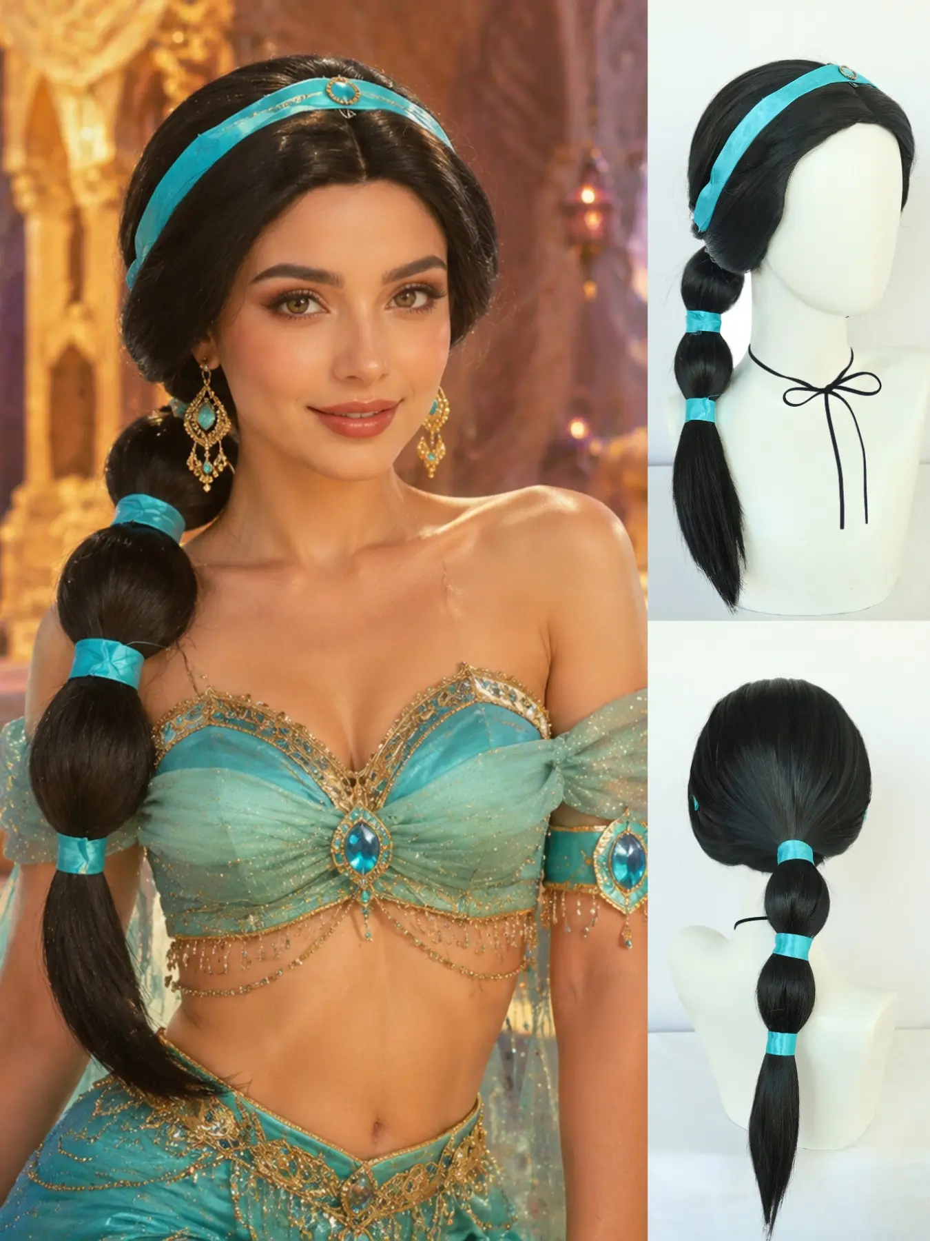 Long Bubble Ponytail Wig with Turquoise Ribbon Headband, Oriental Desert Princess Cosplay Wig, Halloween Costume Accessory, Synthetic Hair Wigs