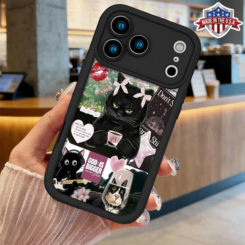 Cute Funny Black Cat Aesthetic Collage Pattern Case for iPhone 17 Pro Max 16 15 14 13 12 11 XR XS Plus Air Slim Shockproof Anti Drop Protective Lightweight TPU Cover