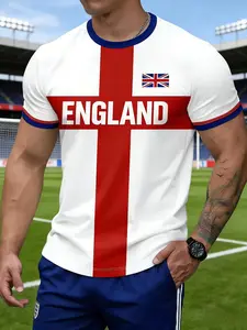 England Football T-Shirt for Men, England Letter British Flag Trim Short Sleeve, Casual Slim-Fitting Graphic Tee, Plain Surface Design, Soccer Shirt
