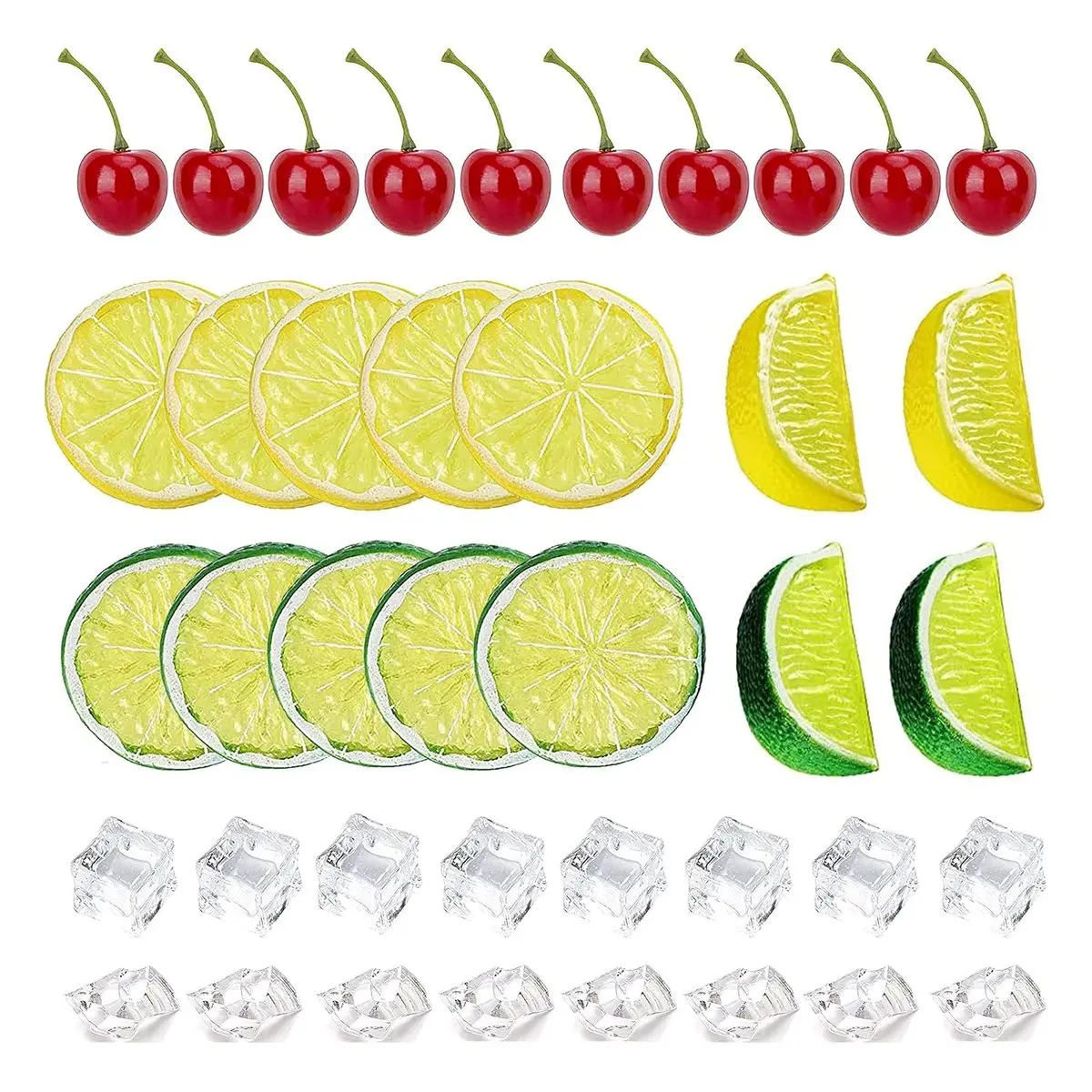 Decorative Plastic 40-Piece Fake Crushed & Square Ice Rocks Set with Artificial Lemon Slices, Lemon Blocks & Cherries for Table Photography Props & Home Decor