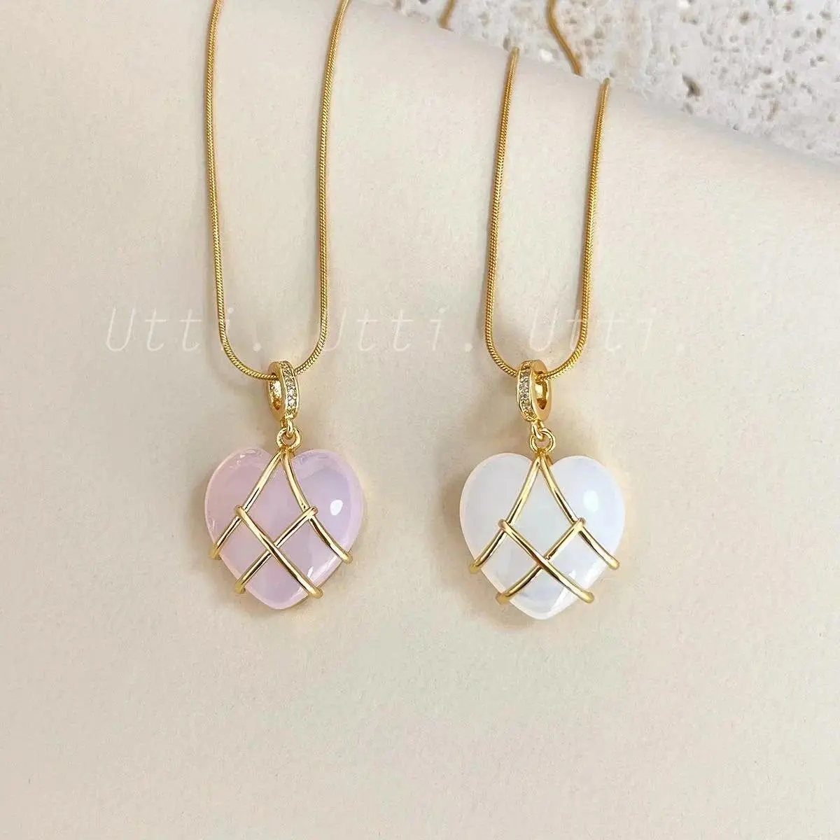 Rose Quartz Diamond Castle Necklace Moonstone Heart Pendant Necklace For Women Fashion Lovely Jewelry Accessories Gift For Her