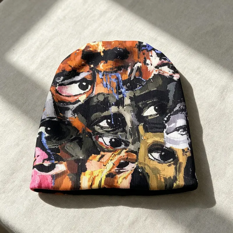 Abstract oil painting, full face printing, pile cap, elastic knitting, retro art style, loose toe cap, cold hat, Beanie Hats, Graphic Hats