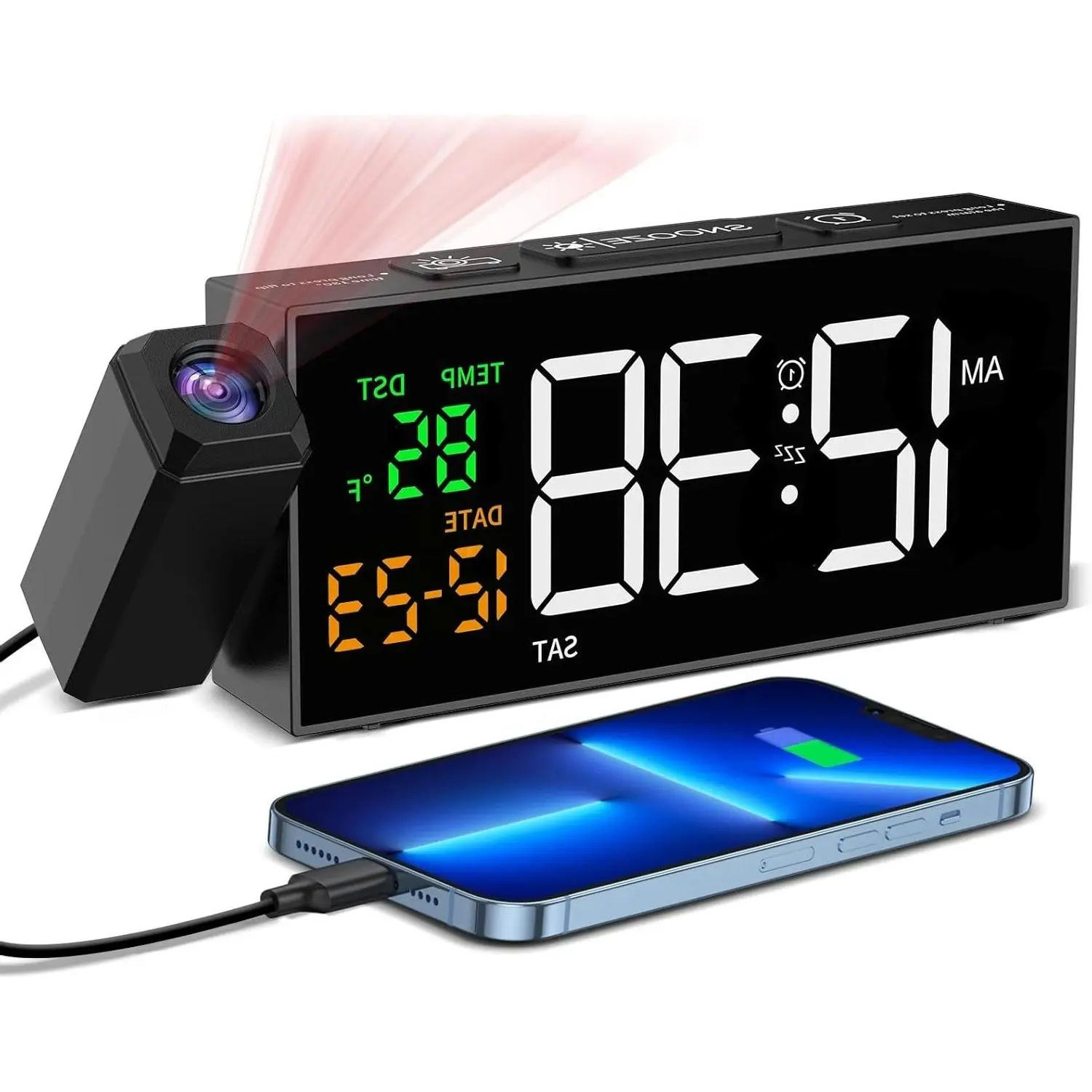 Projection Clock for Bedroom Ceiling, Alarm Clock Black