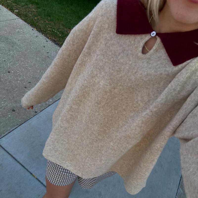 Women Y2k Color Block Polo Sweaters Long Sleeve Lapel Loose Knitted Tops Preppy Teens Oversized Jumper Tops Party Streetwear