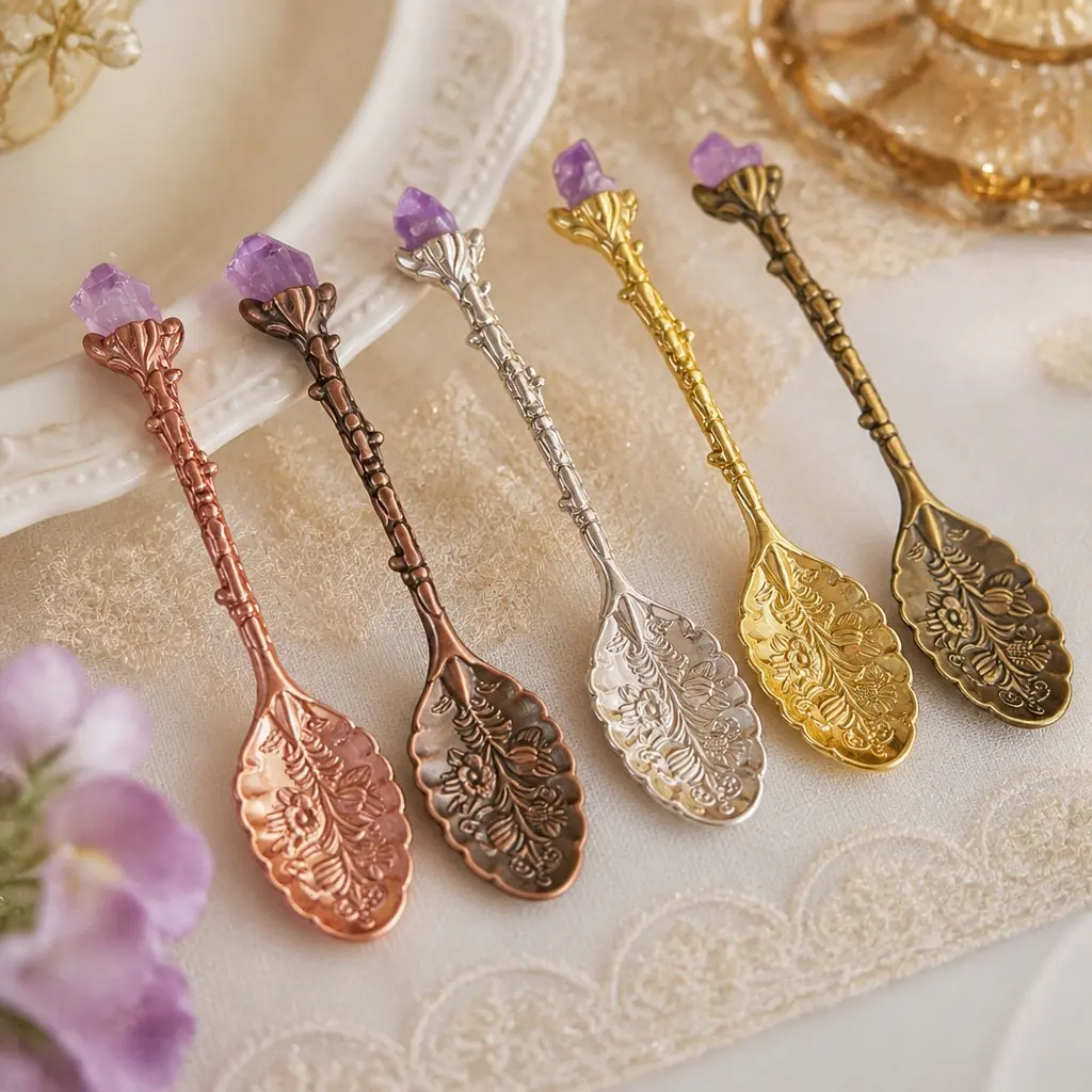 5 Pack Natural Amethyst Crystal Head Spoon, Antique Floral Engraved Alloy Tea Spoon, Retro Witchcraft Coffee Stir Spoon, Mini Dessert Spoon for Ice Cream, Tea Party Decor, Unique Gift for Women