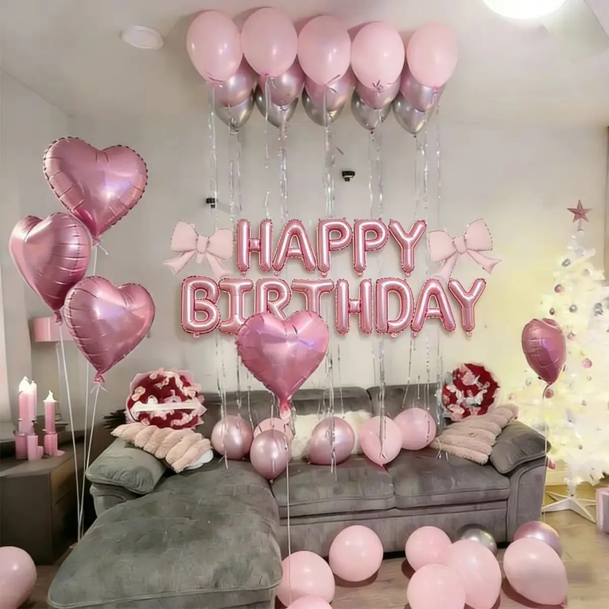 Birthday Balloon Set with Bow, Aluminum Film Party Balloons, Atmosphere Decoration, Photo Props, Perfect for Birthdays