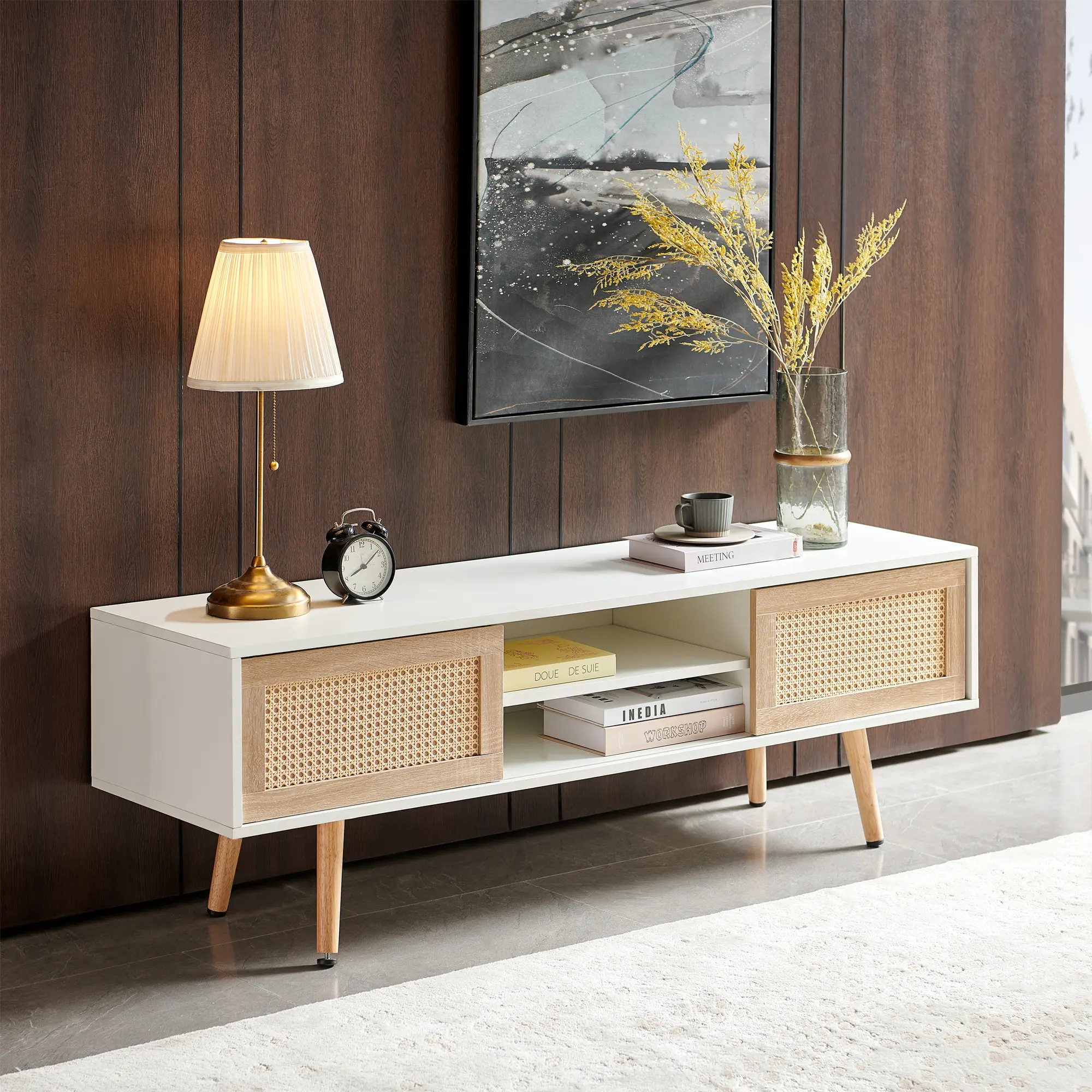 Nokaa 55.12" Rattan TV Stand Media Console with Double Sliding Doors, Adjustable Shelf, Solid Wood Legs, White Entertainment Center for Living Room, Bedroom, Home Office