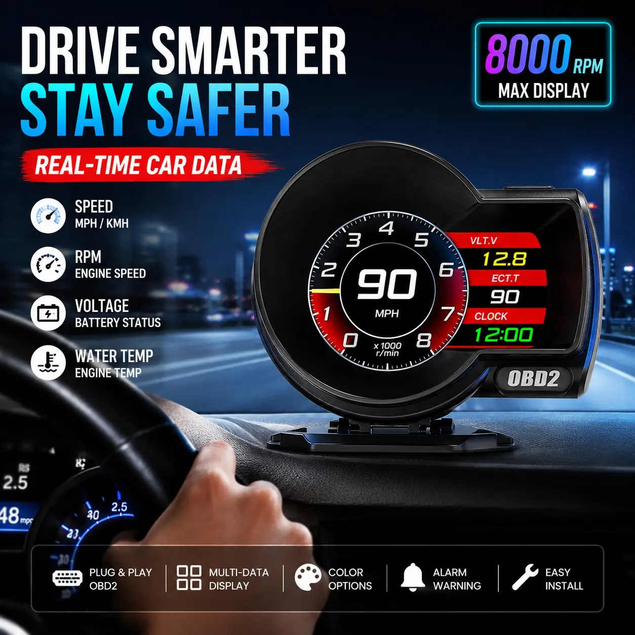 F8 Plus OBD2 Smart Car Display, Digital HUD Gauge with Speed RPM Voltage Temperature Fuel Data, Dual System Vehicle Monitor for Cars