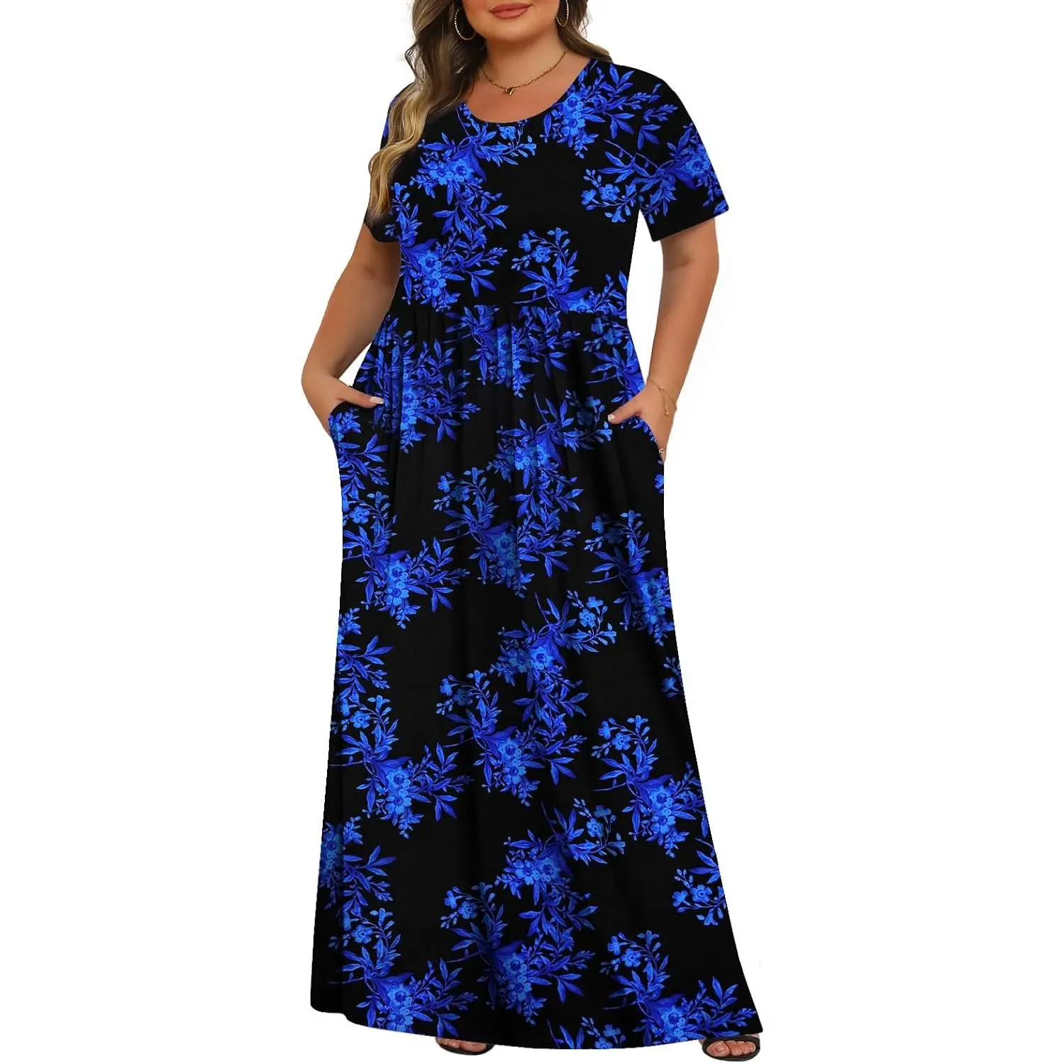 Women's Plus Size Solid Short Sleeve Casual Maxi Dress with Pockets for Casual Wear, Sizes 1X-5X, Curvy Plus Size Clothes 2026, Long Length