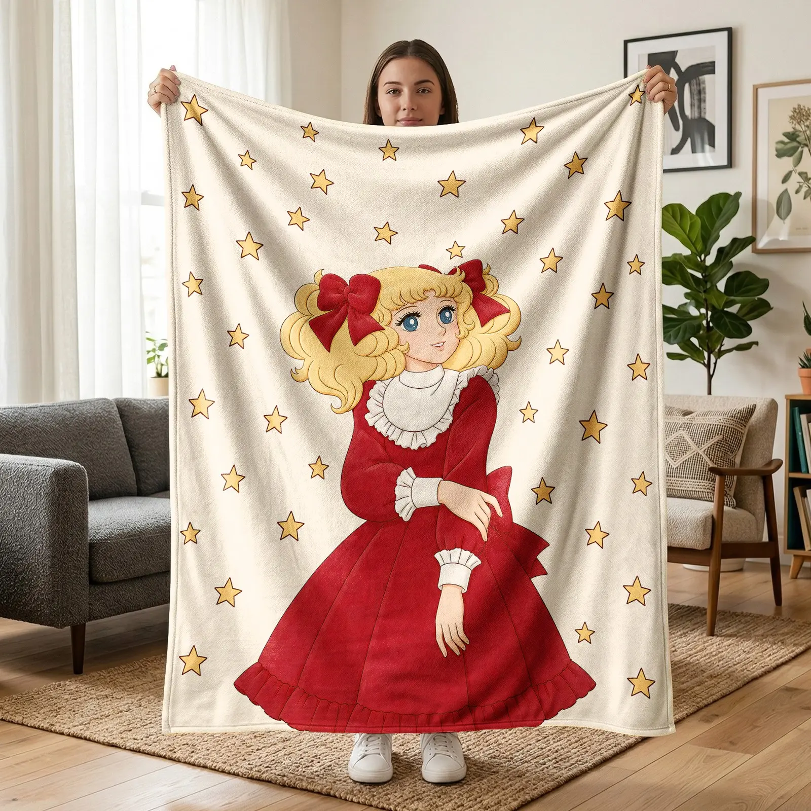 1pc Vintage Princess Girl Flannel Blanket, Fairy Tale Blonde Princess Fleece Throw Blanket with Red Ribbon Dress & Star Pattern, Soft Cozy Blanket for Sofa Bed Office Camping Travel, Birthday Christmas Gift