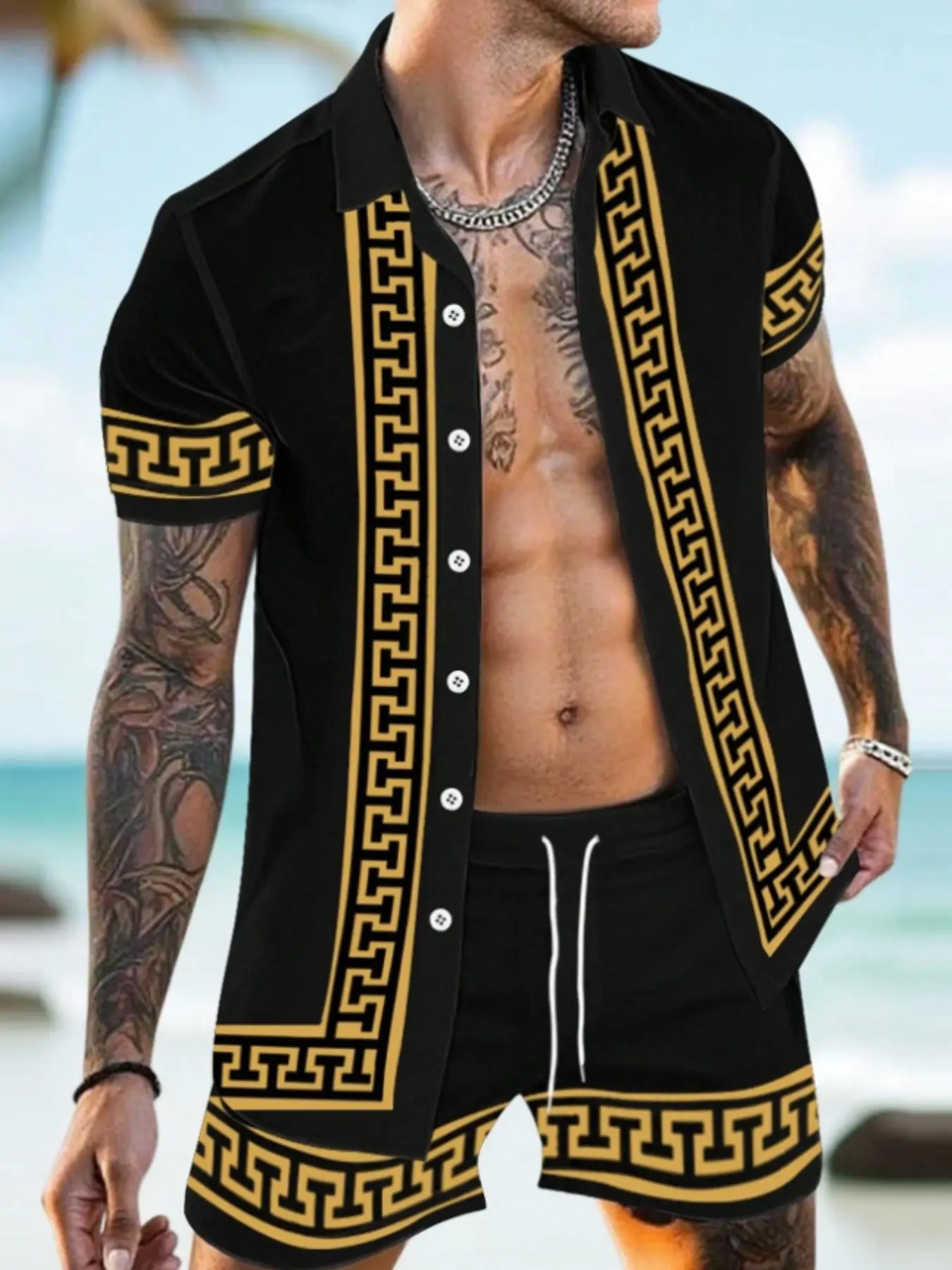 Manfinity Rsrt Men's Summer Vacation Tropical Set, Print Short Sleeve Shirt and Shorts, Fashion Fitted, Casual, Perfect for Leisure