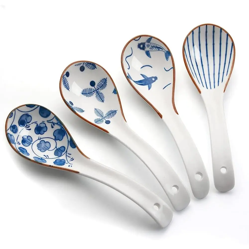 Ceramic  Soup Spoons, 6.3"  Spoon, Set of 4 | Deep Soup Bowl, Fine , Satisfying Weight & , Easy to Hold, Chinese Ramen Spoon, Dishwasher Safe, Blue and White