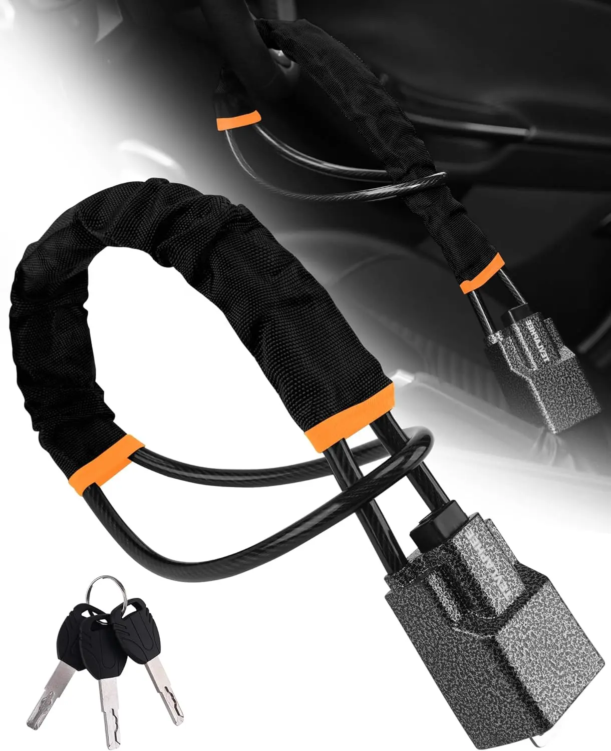 Universal Steel Car Steering Wheel Security Belt Lock - Compact, Multi-Use, Sturdy, Flexible, Extendable, Space-Saving Automotive Anti-Theft Deterrent Accessory, Heavy-Duty Protection (Max 17 in), with Lock