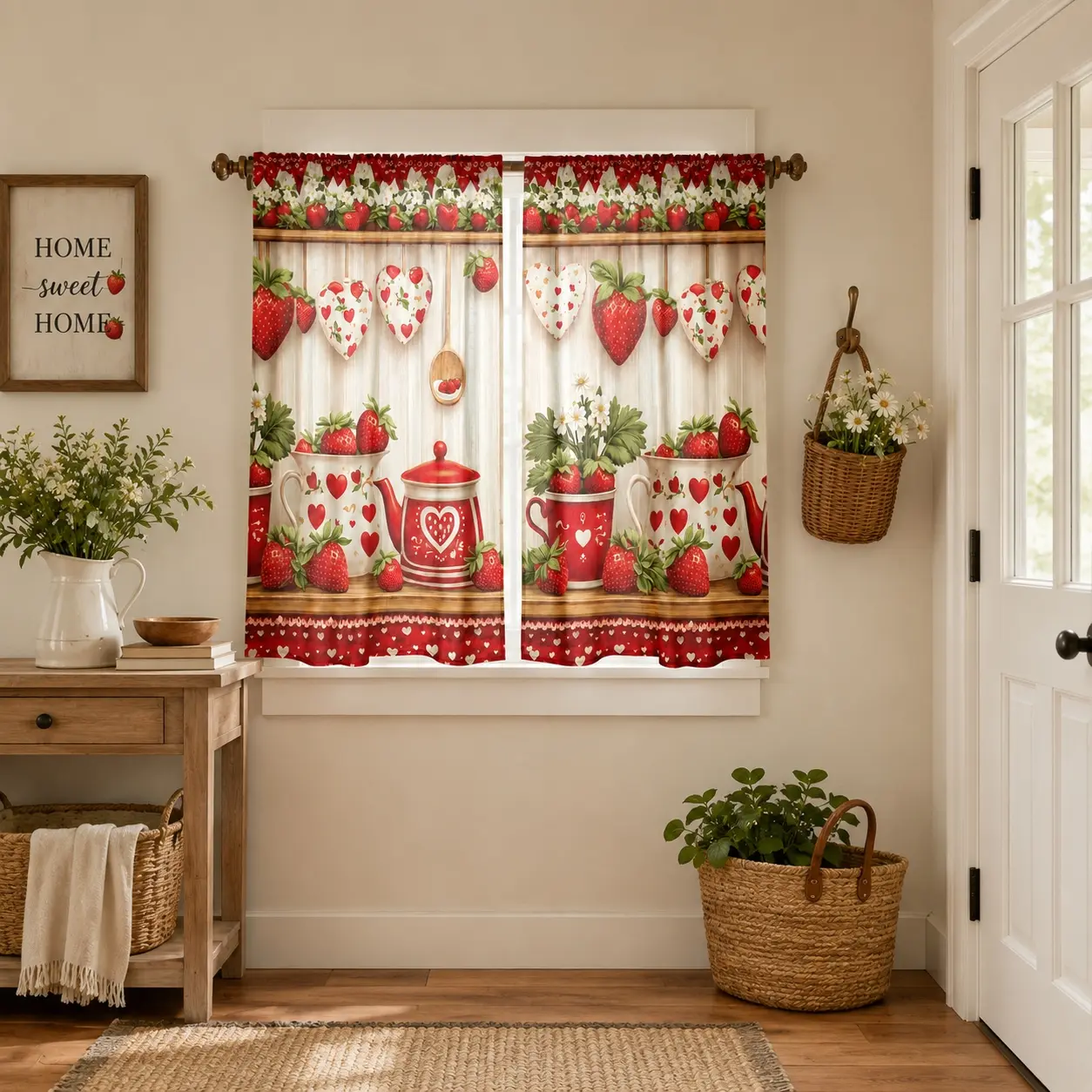 Microfiber Polyester-PVC Window Curtains - Vintage Geometric, Love Cutlery, Strawberry Prints, Stain-Washable Drapes for Kitchen Use, Cafe Home Decor