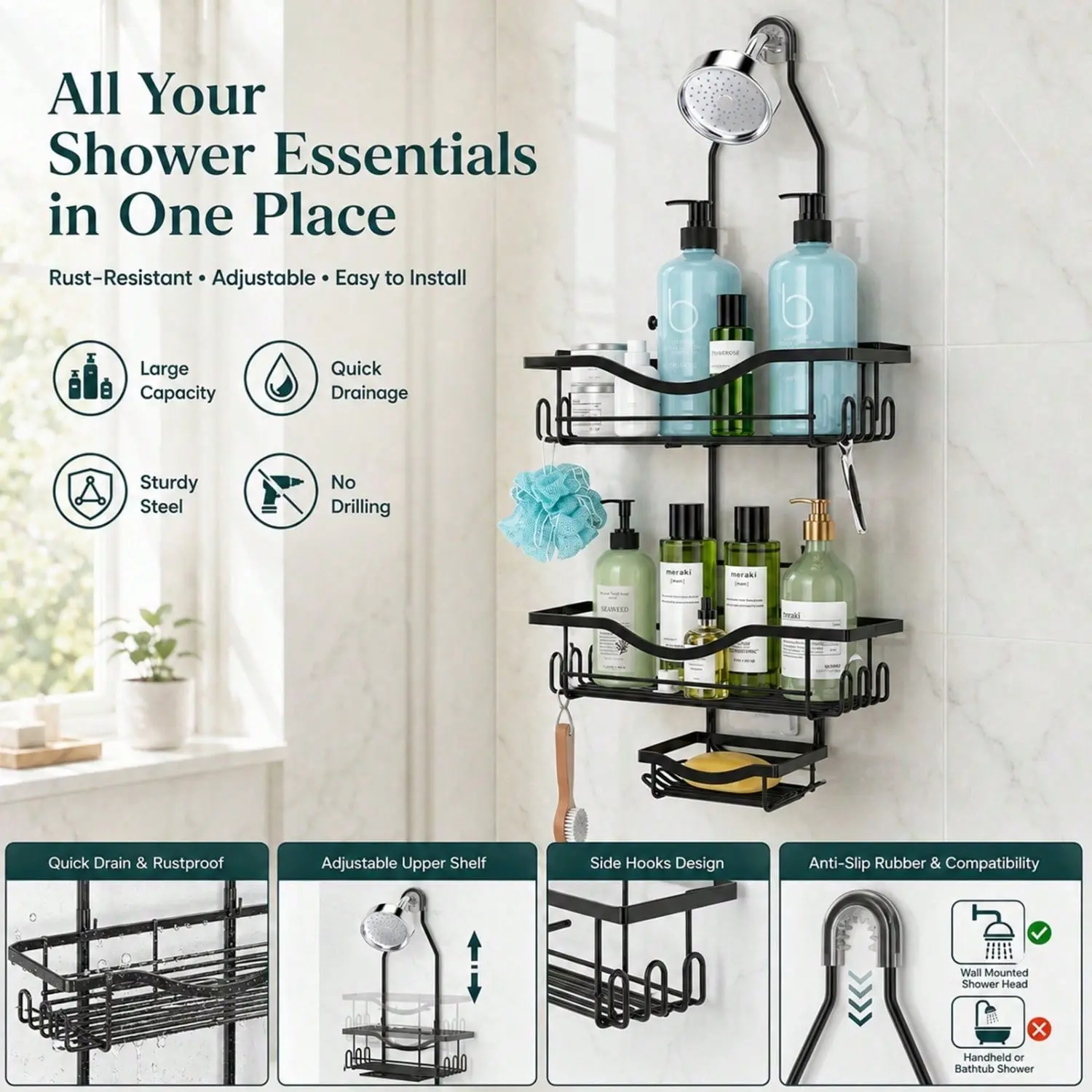 Adjustable Hanging Shower Caddy, Rustproof Over Shower Head Bathroom Organizer with Extended Length, Large Capacity Shower Storage Rack with Hooks & Soap Holder, Anti-Swing No-Drill Shower Organizer for Bathroom, Dorm and Apartment