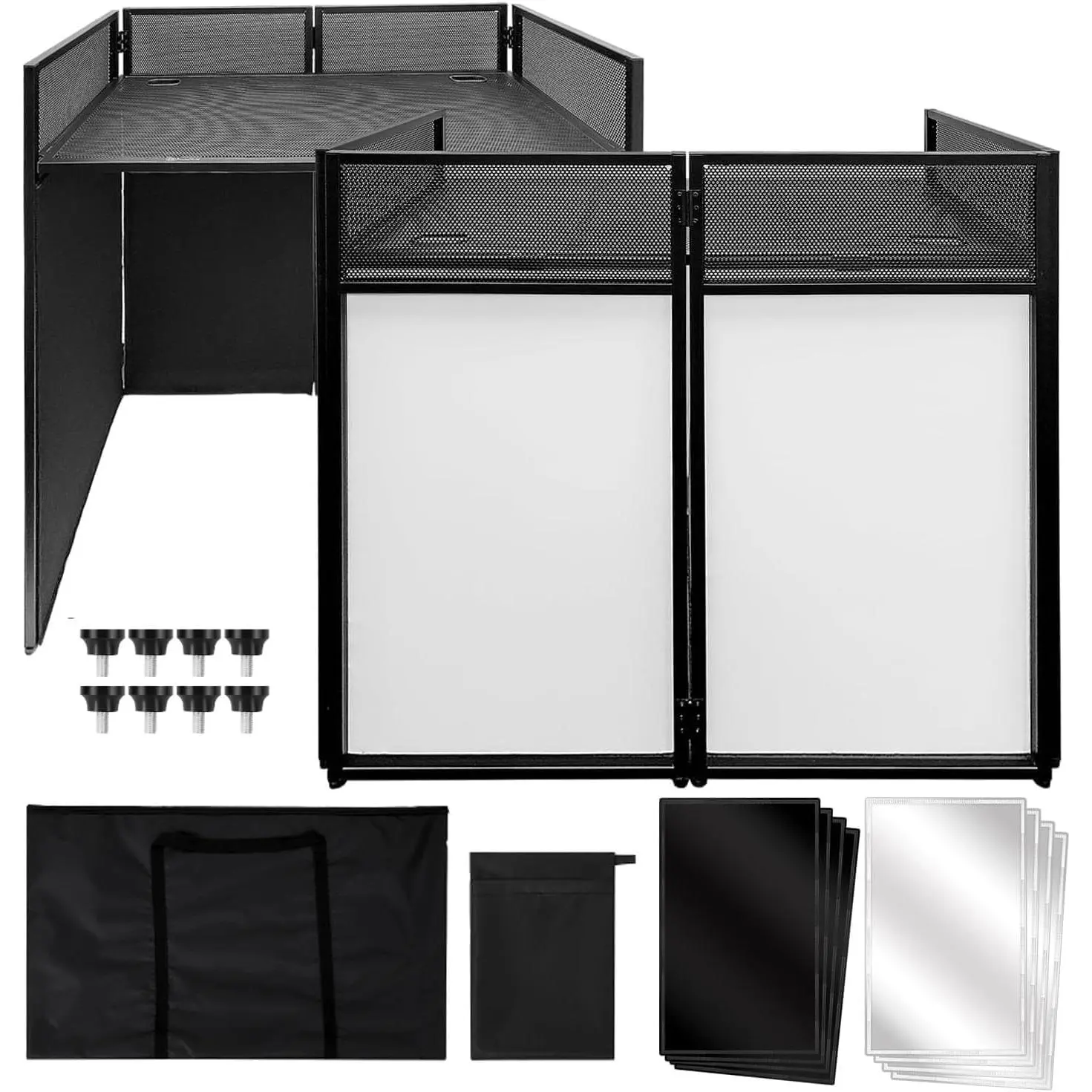 Portable DJ Facade Booth Table - Adjustable Metal Frame & Collapsible Design - Includes Black & White Lighting Scrims, Carry Bag - Professional DJ Event Booth for Parties and Office Setups