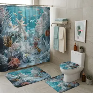 4Pcs Ocean Shower Curtain Set with Bath Mat, U-Shaped Toilet Rug & Toilet Lid Cover, Blue Coral Reef Underwater Bathroom Decor, US Local Shipping
