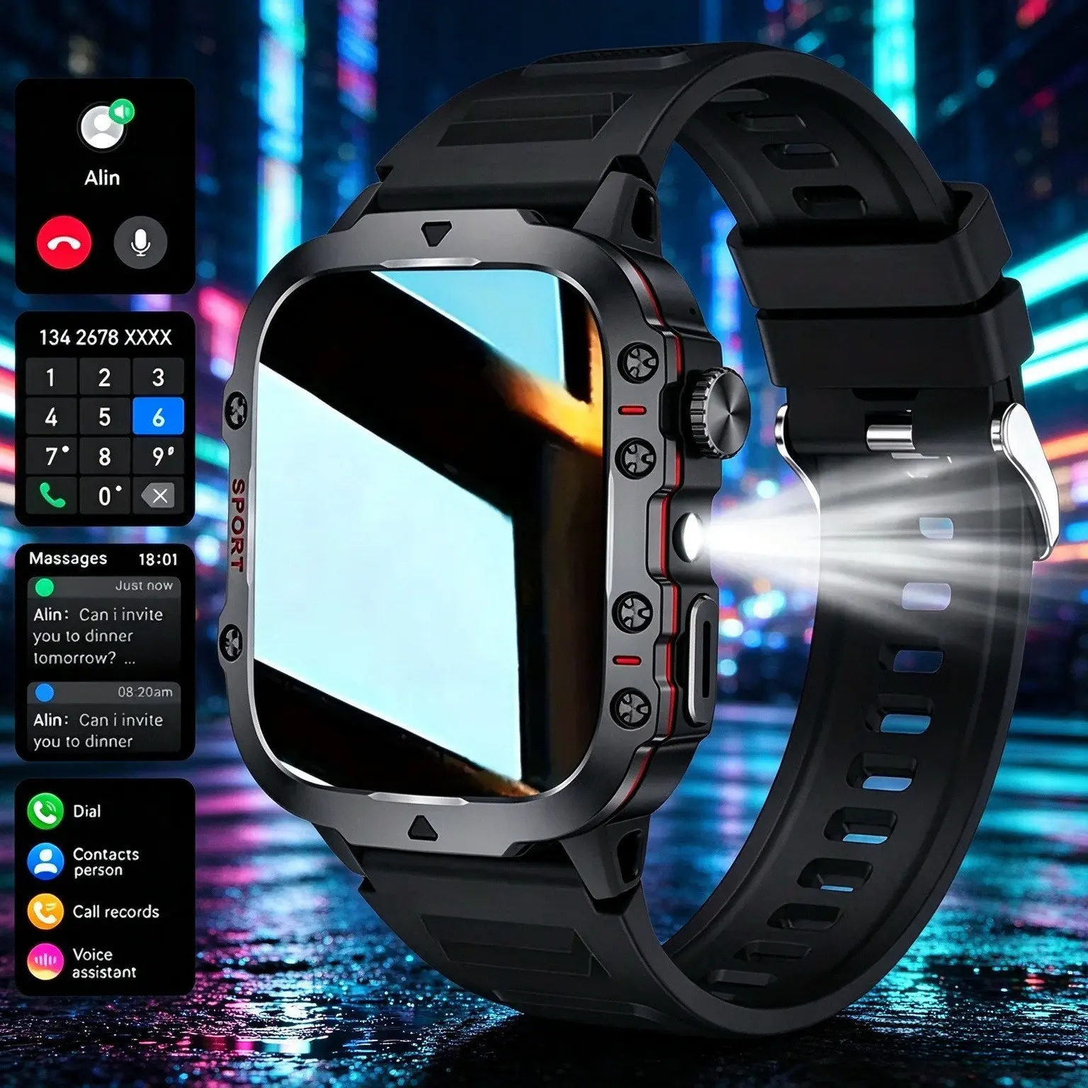 Men's watch, blood pressure watch, 1.96-inch HD touch screen smart fitness band, supports multiple sports modes, compatible with Android and iOS, great gift for the holidays, Touch Screen Smartwatch