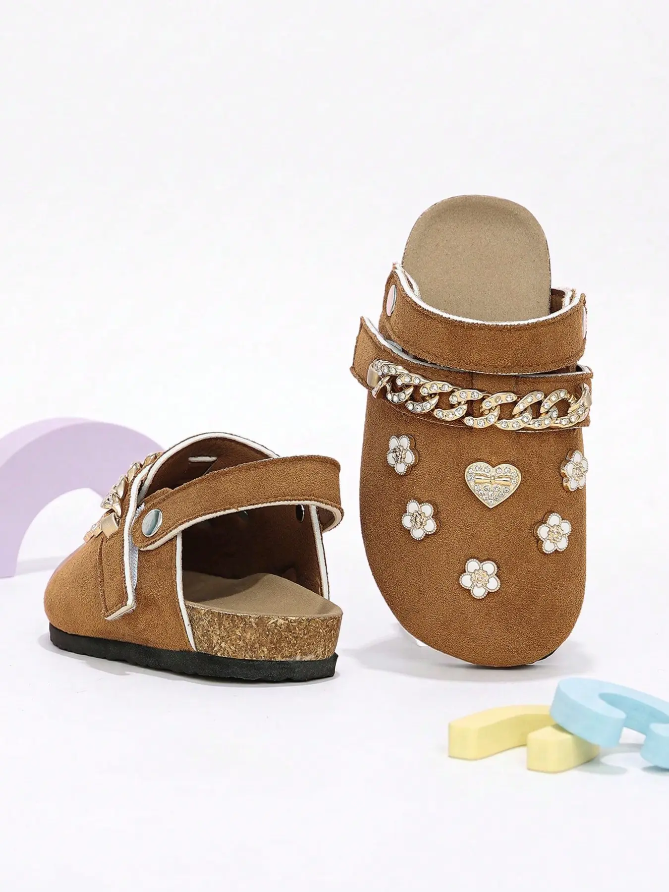 Faux Suede Bogen Shoes, Rhinestone Chain Design, Heart & Flower Decor, Versatile Camel Mules for Daily Wear