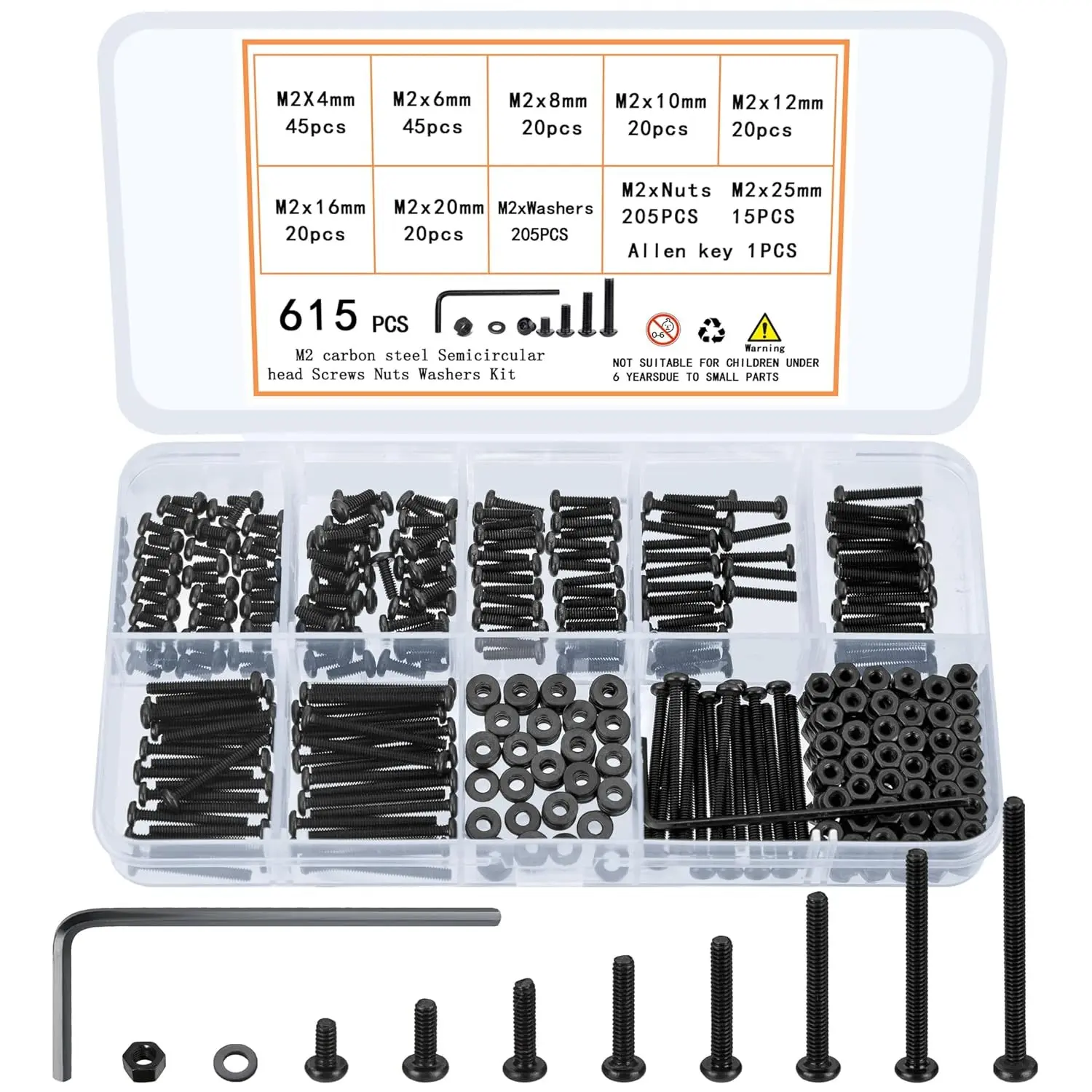 615Pcs M2 Screw Assortment Kit with Hex Socket Button Head Cap Screws, Bolts, Nuts and Washers, Metric Machine Screws, Small Black Assorted FastenersGift