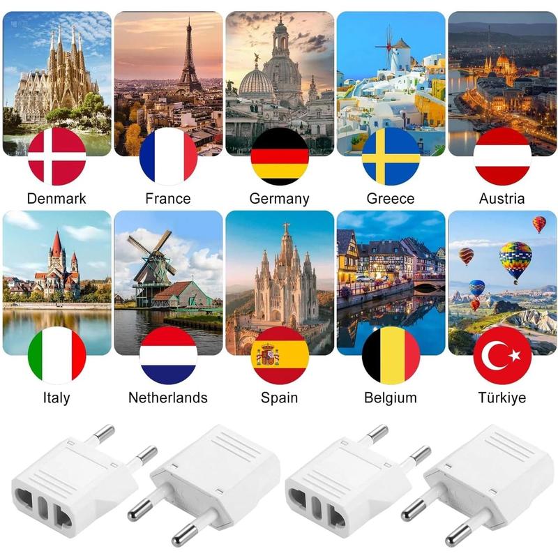 Pack of 4 European Plug Adapter  to  Adapter Type C Outlet for    Spain  France EU in White Color