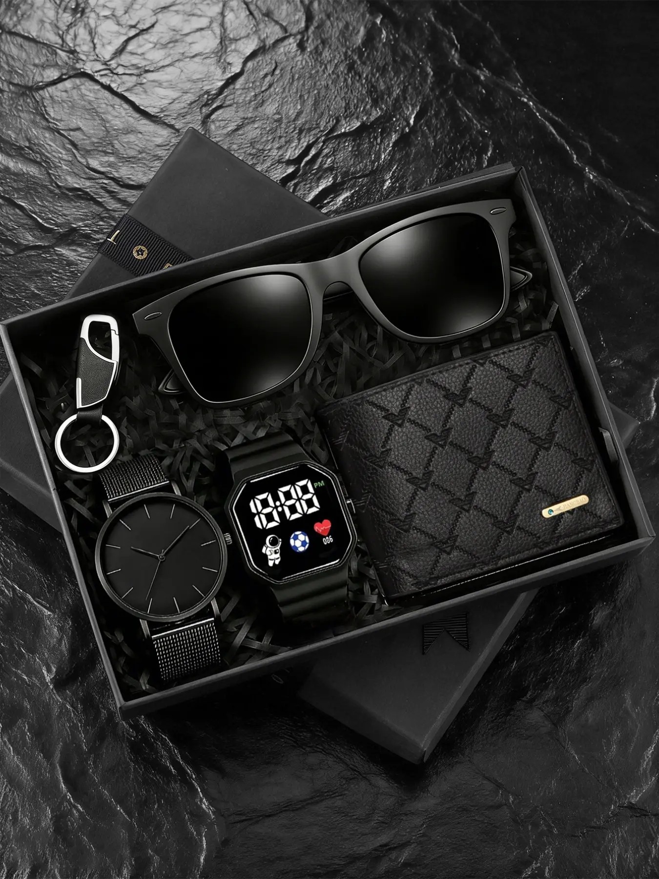 5-Piece Men's Watch Gift Set, Ultra-Thin Quartz, LED Digital, Fashion Sunglasses, Luxury Keychain, Leather Wallet, Perfect Gift for Father/brother