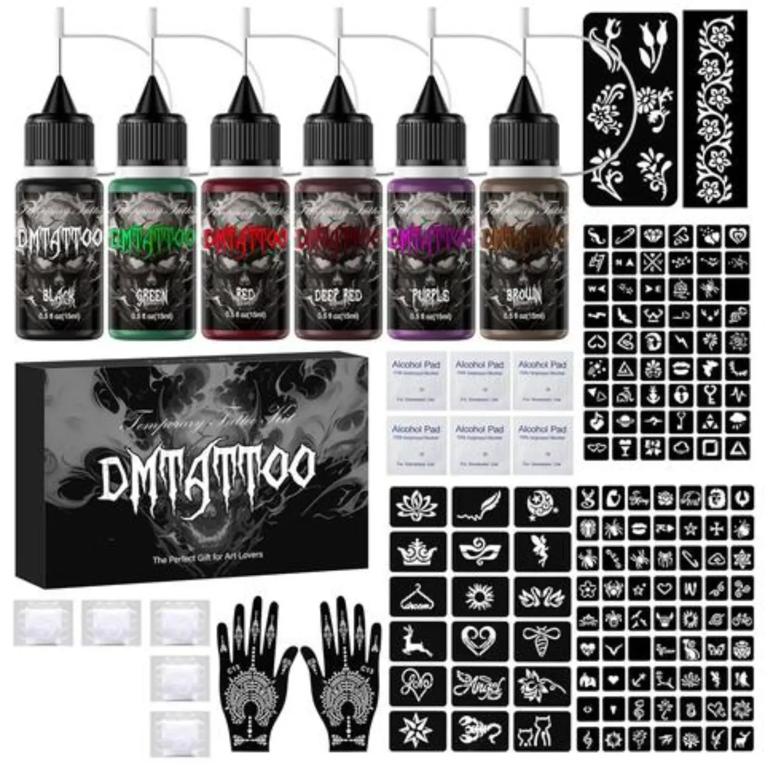 Festive body art kit, leg body makeup paint set with 8 tattoo inks and 102 assorted stencils. Safe & easy application for trendy temporary tattoos, creative gift for parties and Christmas.