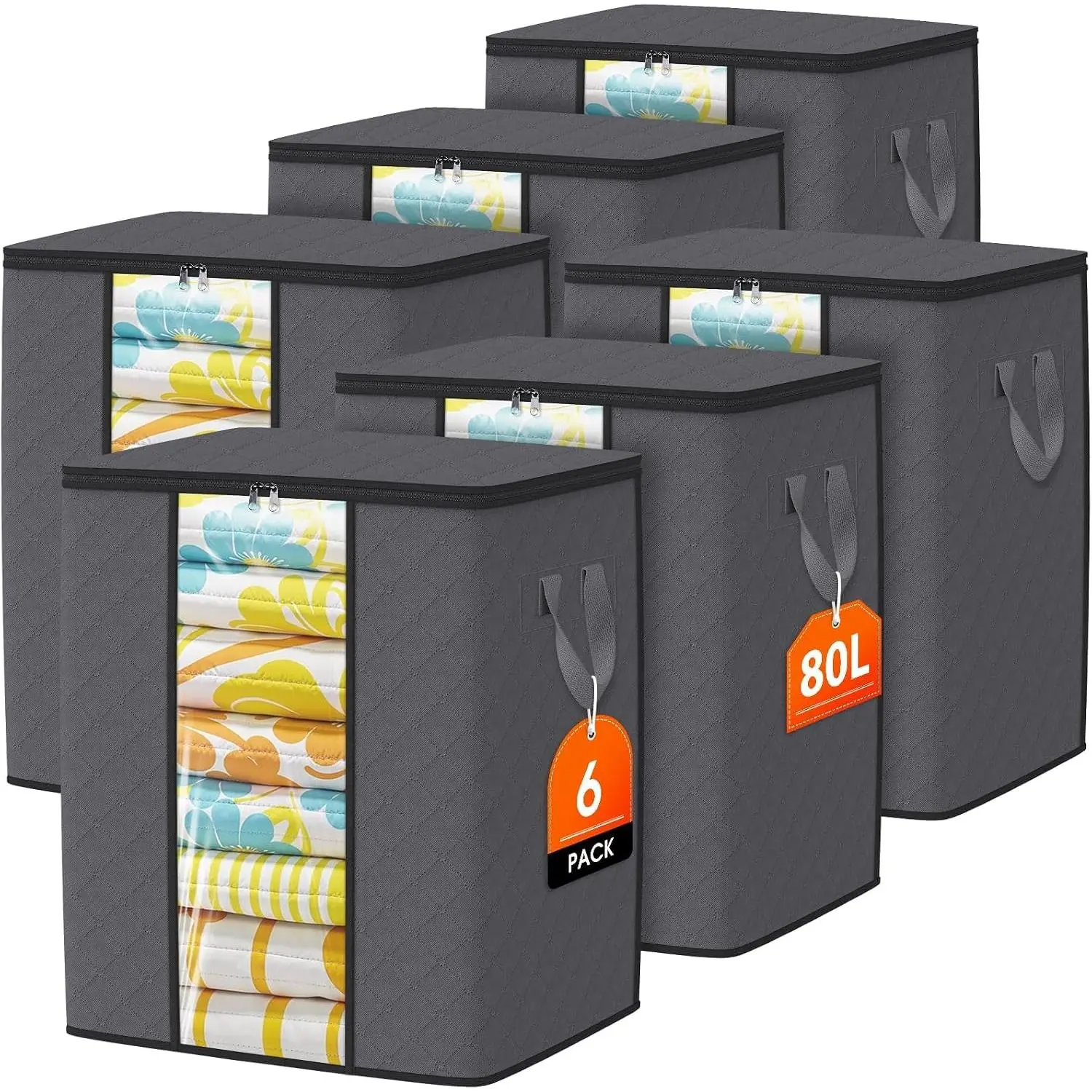 6 Pack Clothes Storage Bags 80L Blanket Storage Containers with Window Grey | Large Comforter Organizer for Closet, Bedding, Quilts, Sheets and Pillows, Foldable Storage Bags for  Organization