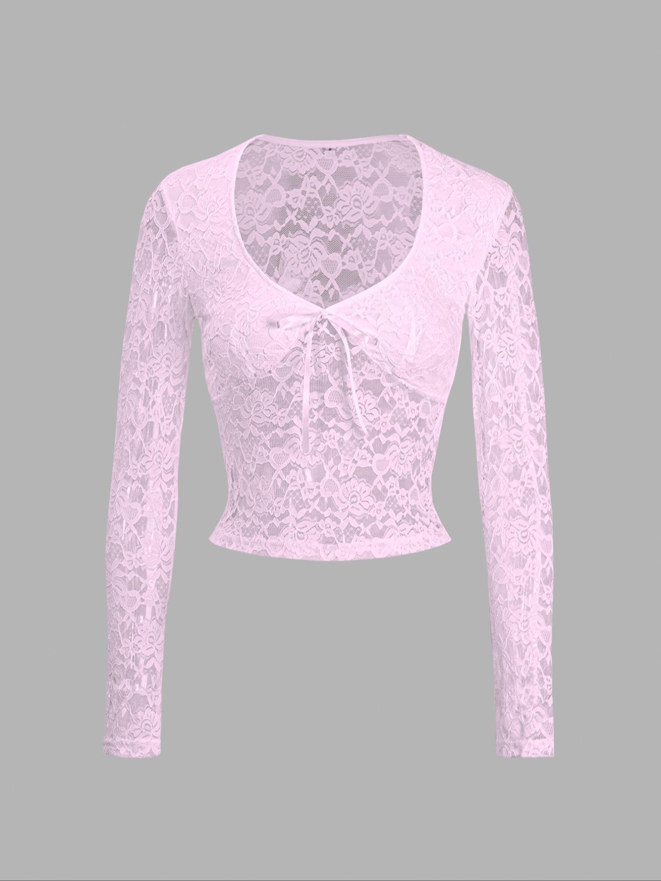 Women's Lace Crop Top, Casual Longsleeves Cropped Top for Spring & Fall, Women's Clothing for Daily Wear, Plunge Neck Top, Clothes for Women, Womenswear Shirts