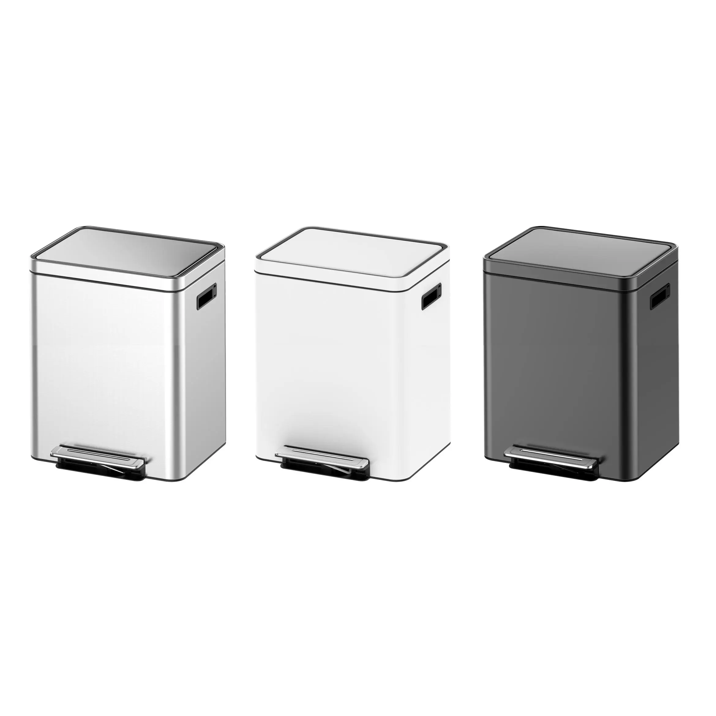 Dual Compartment Trash Can with 2 Removable Buckets, Brushed Stainless Steel Recycling Bin with Soft-Close Lid & Foot Pedal, Rectangular Kitchen Garbage Can for Waste Separation