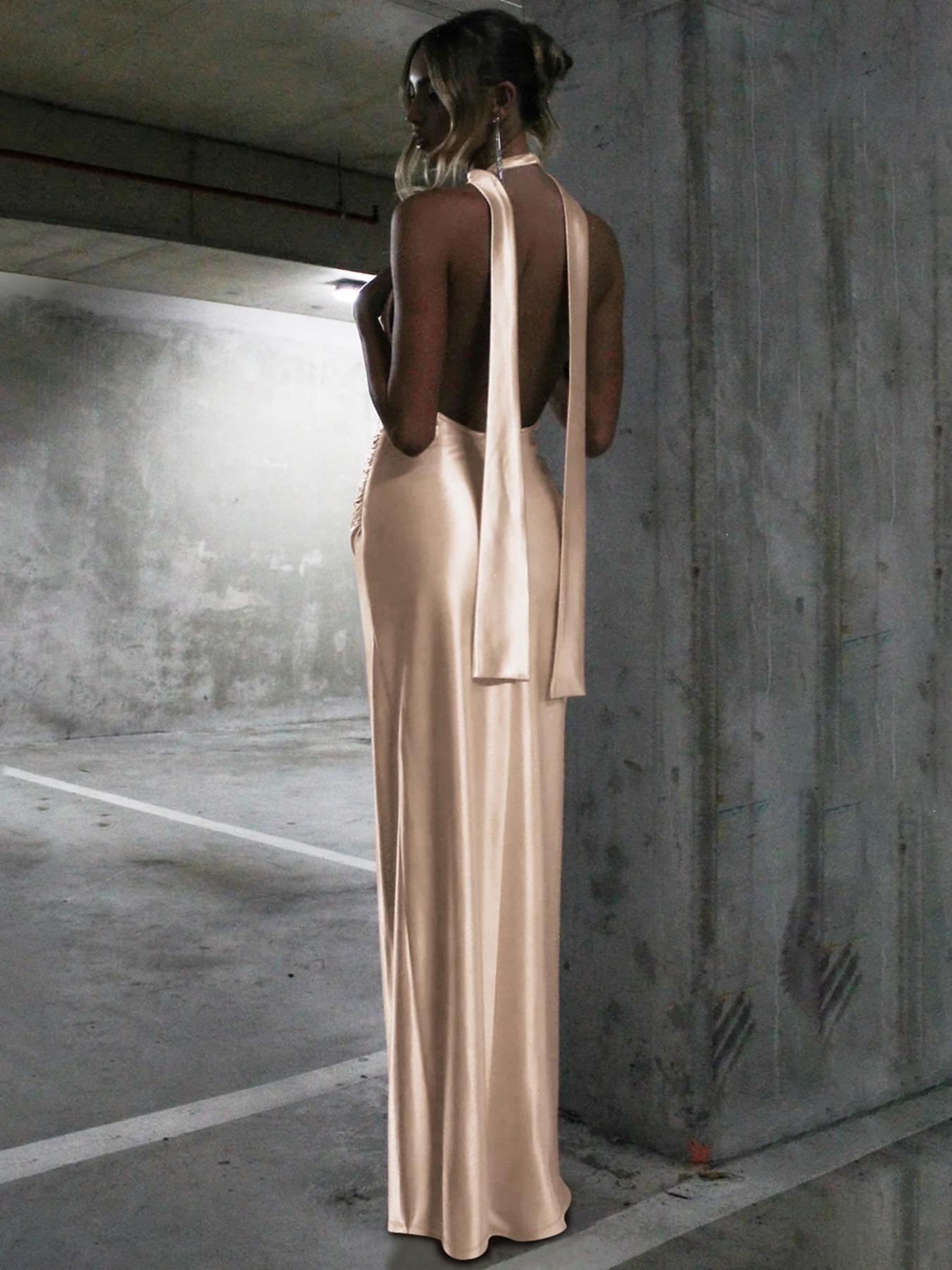 Viral TikTok Slip Dress! Women's Backless Satin Evening Gown |   Split Hem Party Dress for Prom & Wedding, Elegant Summer Formal Wear