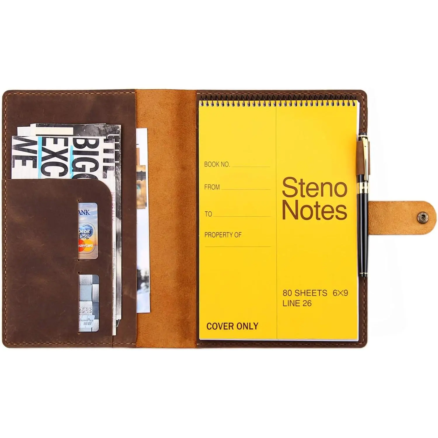 Leather Cover for 6"x9" Steno Notebook, Leather Folio Cover Compatible with 6x9 Spiral Steno Pads, A5 Notebook Organizer with Pen Loop - Brown