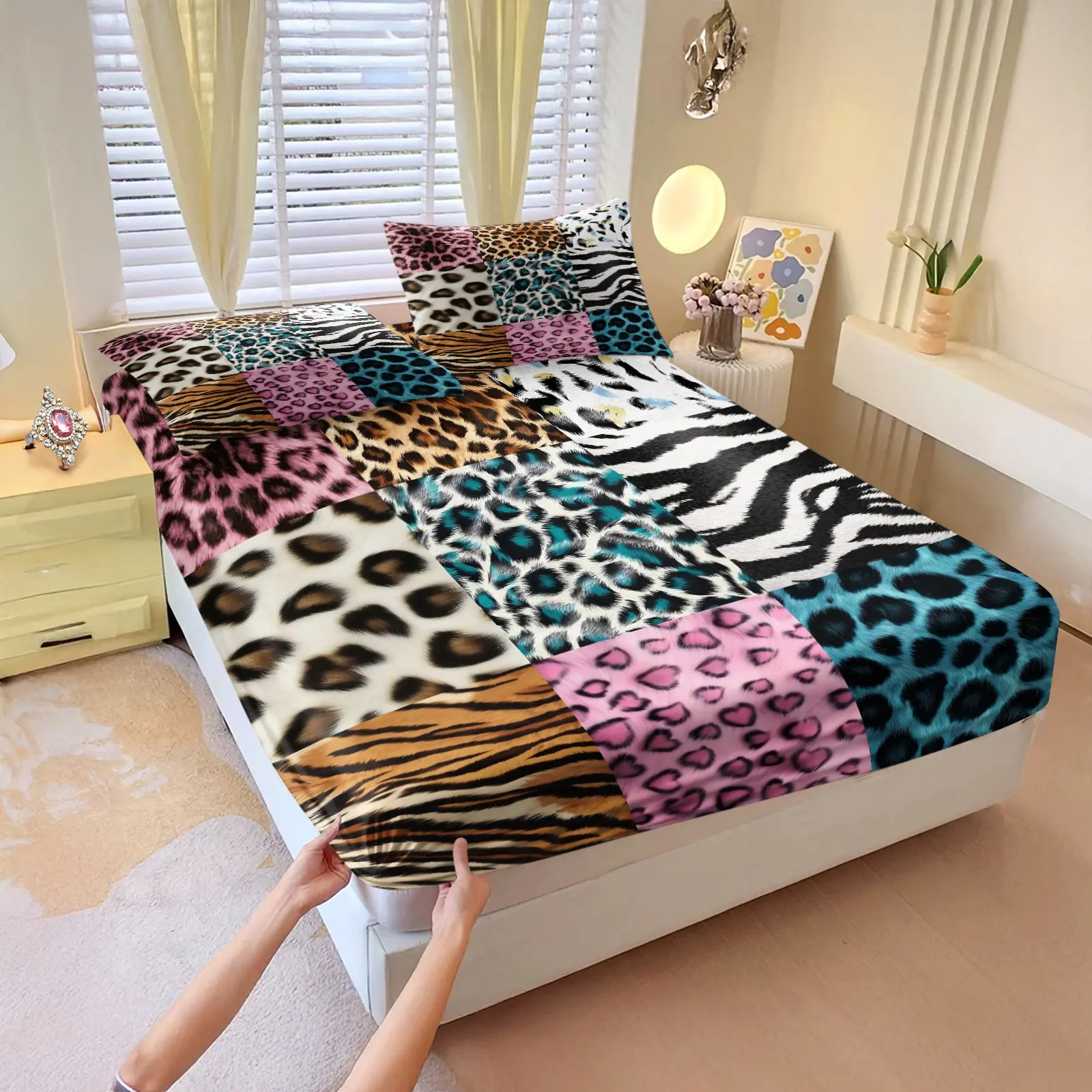 Mixed Leopard Zebra Tiger Patchwork Fitted Sheet Set, Fashion Animal Fur Patch Print, Soft Microfiber Wrinkle Resistant All Season, Elastic Wrapped, 1 Fitted Sheet+2 Pillowcases No Filling, Bedroom Dorm Decor for Teens Adults Bedding Sheets