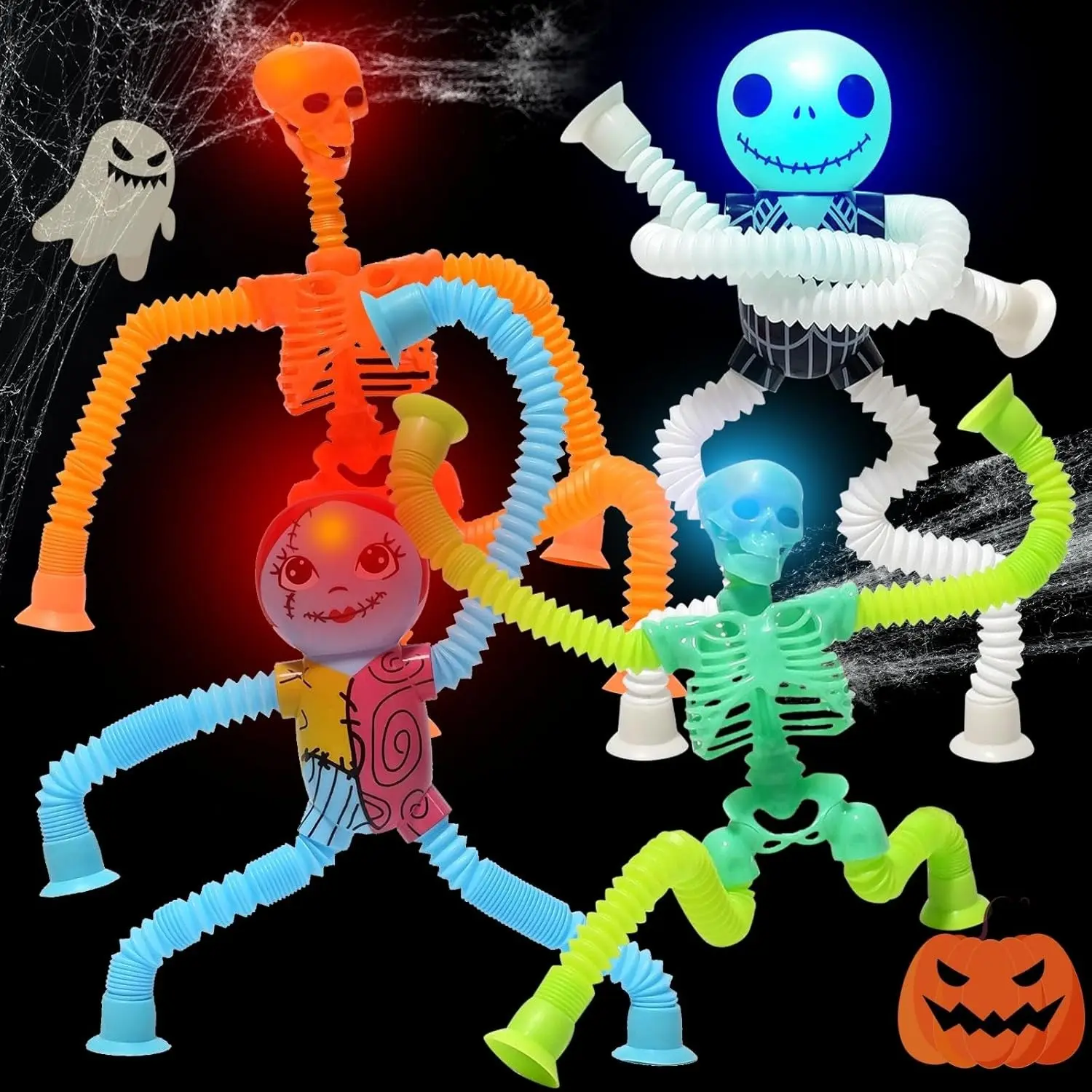 Halloween LED Skull Straw Light Set, Sensory Stress Relief Toy, Stretchable Suction Cup, Adhd Autism Party Gift, Ages 3+