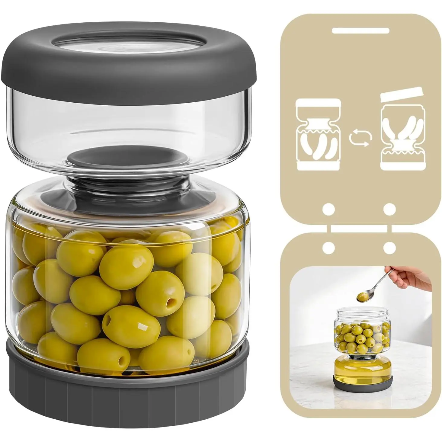 Hourglass Pickle Jar with Strainer Flip - 25oz Glass Container for Pickles, Olives & Jalapenos, Leakproof Airtight Lid,  Juice Separator, Dishwasher Safe Pickle Storage