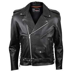 Mens Premium Cowhide Conceal Carry Insulated Liner Side Laces Classic MC Motorcycle Biker Black Leather Jacket