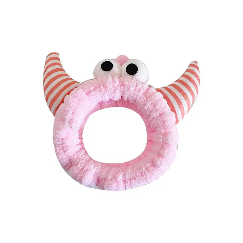 2026 New Cartoon Cute Big Eye Monster Horn Headbands for Women, Soft Plush Striped Ox Horn Hair Hoops, Non Slip Wide Elastic Hair Wraps for Face Washing Makeup Skincare Daily Fashion Hair Accessories