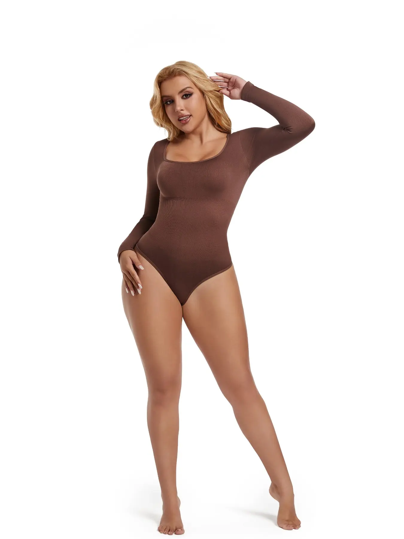 Women's Square Neck Long Sleeve Minimalist Bodysuit, Seamless Tummy Control Shapewear, Casual One-Piece, Breathable Full Body Underwear Jumpsuit