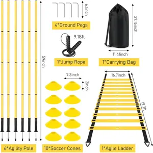 Soccer Agility Training Equipment: 6 Soccer Agility Poles, 20ft Agility Ladder, 10 Soccer Cones, 1 Jump Rope.Soccer Training Poles for Speed Training, Agility Training