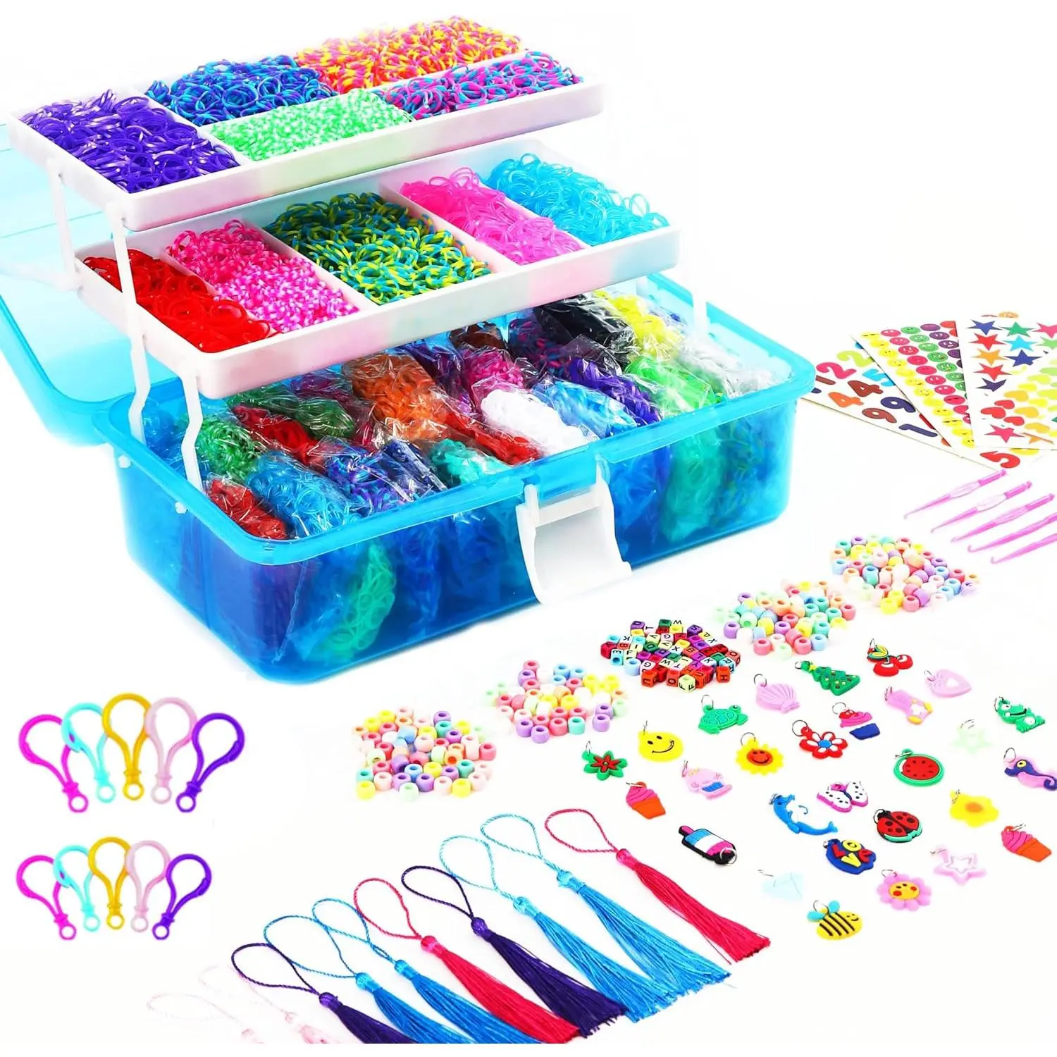 15000+ Loom Rubber Bands Bracelet Kit, Rubber Bands for Bracelet Making Kit,Loom Bracelet Making Kit with 3 Layer Container,30 Colors,380 Beads, Charms Hooks Tools