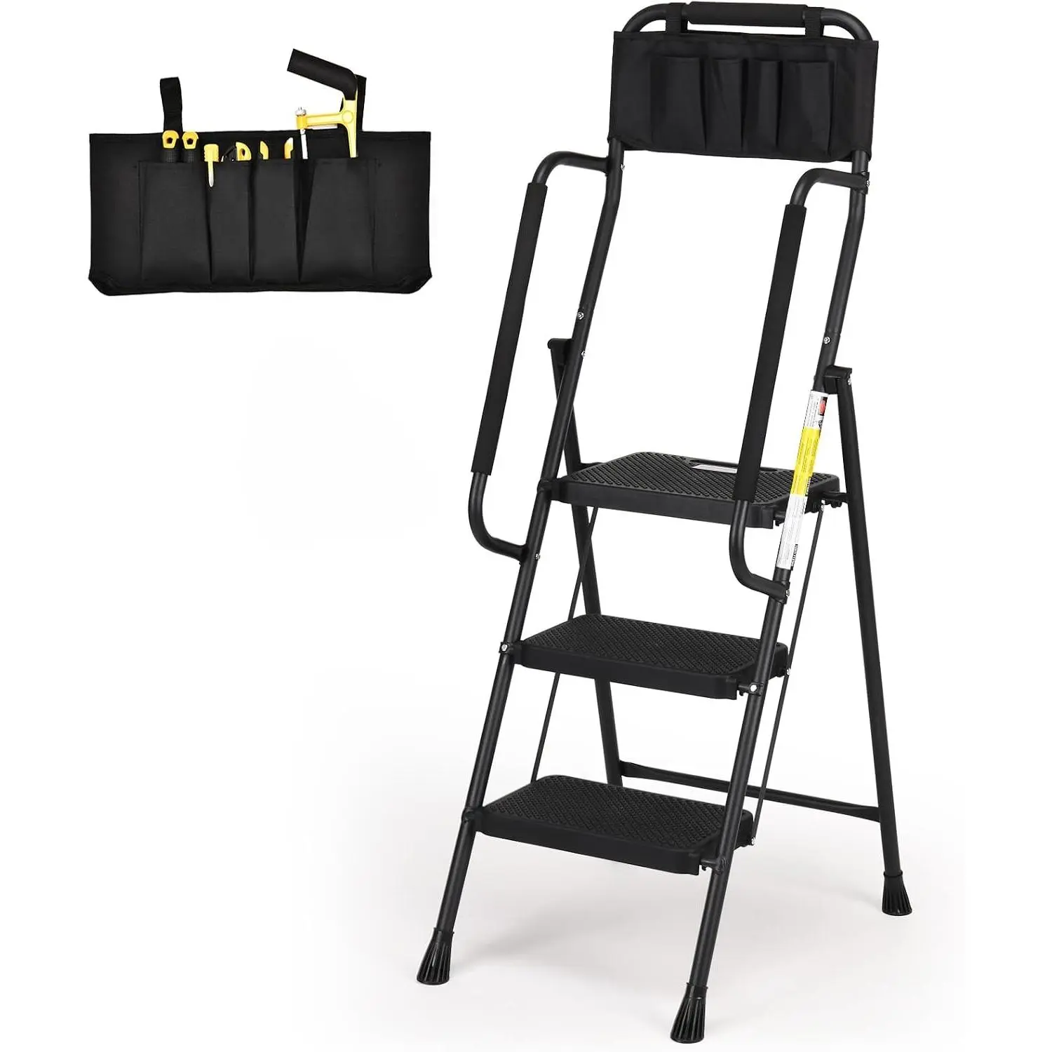Step Ladder with Handrails, Folding Step Stool with Attachable Tool Bag & Anti-Slip Wide Pedal for Home Kitchen Pantry Office, Black