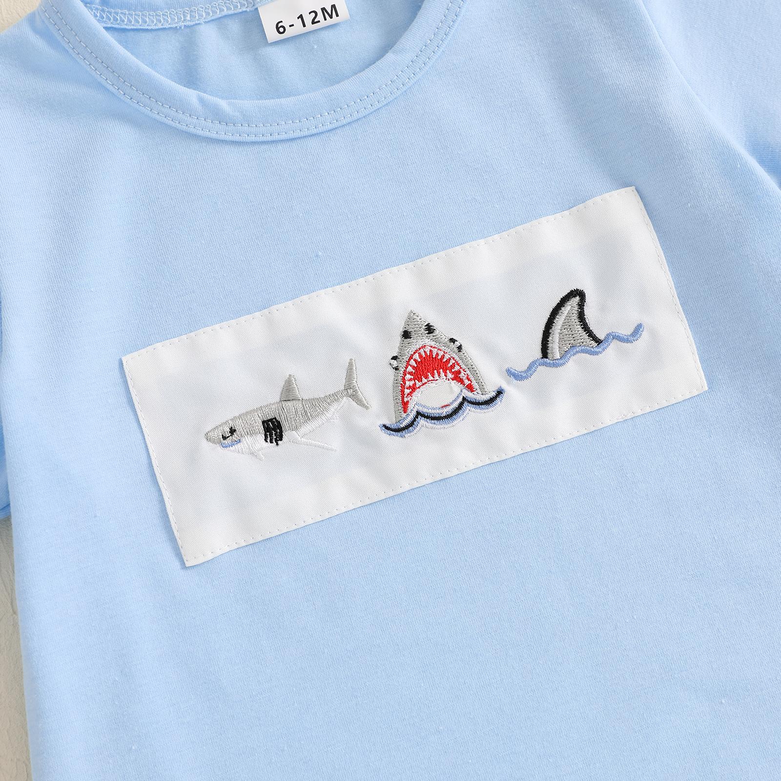 Toddler Baby Boy Summer Outfit Animal Embroidery Round Neck Short Sleeve Top Stripe Shorts Casual 2pcs Set Summer Clothes