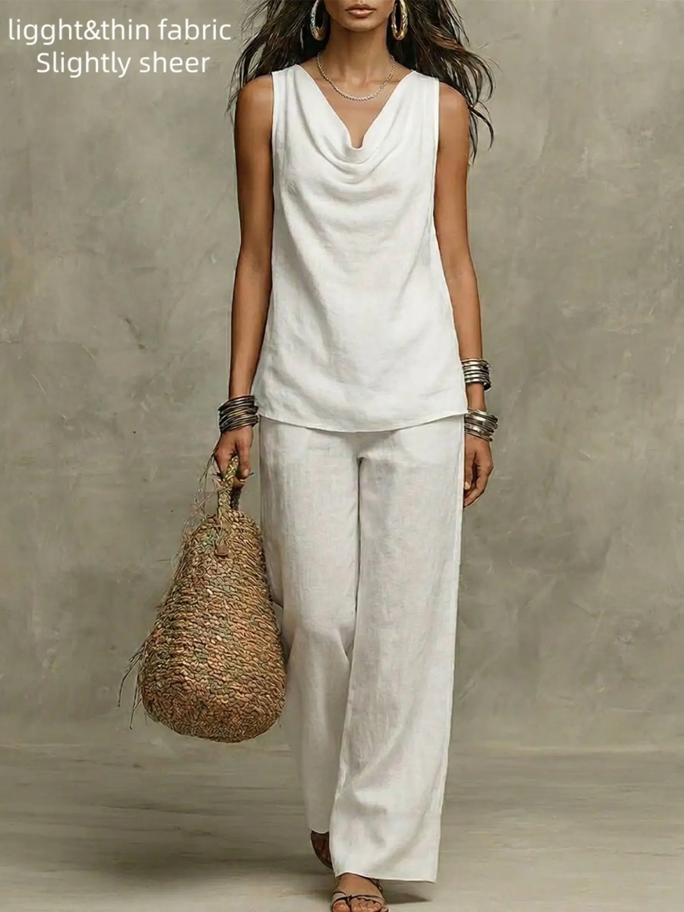 Summer New Arrival Women's Solid Color Minimalist Casual Suit, V Neck Sleeveless Top, Straight Leg Pants, Loose Fit, Vacation & Commute Set