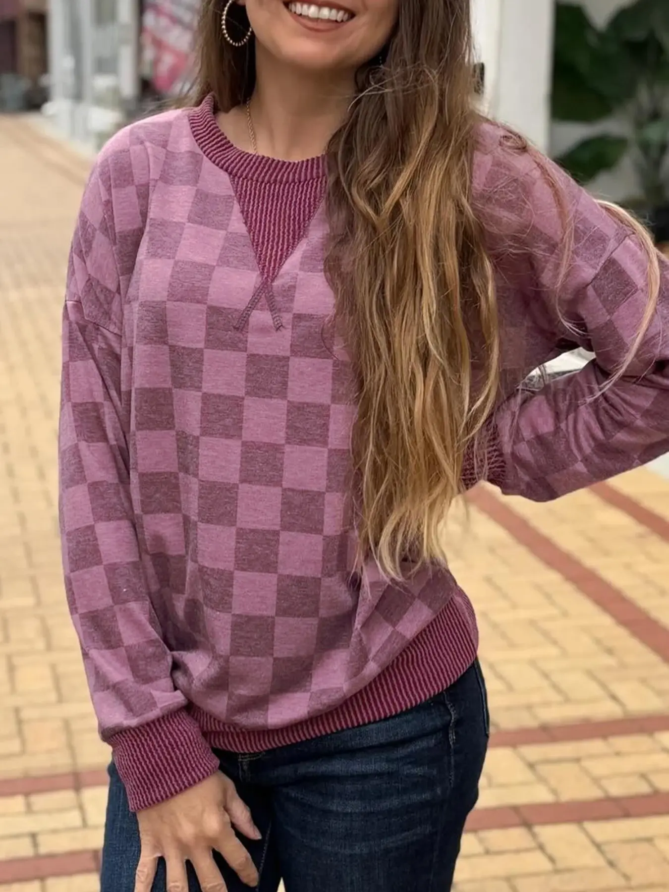 Spring Summer Casual Fashion Knit Ribbed Hem Colorblock Plaid Print Long Sleeve Pullover Sweatshirt, Comfortable Streetwear Top for Daily Wear