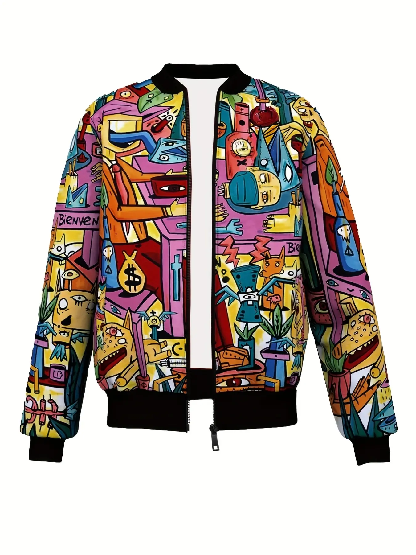 Men's Graffiti Art Baseball Jacket, Zipper Long Sleeve Stand Collar Coat, Colorful Abstract Print Street Style Outerwear, Casual Party Wear, Printed Baseball Jacket