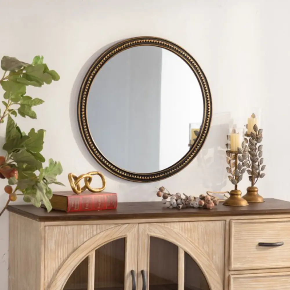Round Decorative Wall Mirror, Vintage Gold Beaded Frame Accent Mirror, Elegant Round Hanging Mirror for Living Room Bedroom Bathroom Home Decor, Classic Gold Wall Mounted Mirror, Decorative Vanity Mirror, Farmhouse Modern Style Mirror for Entryway Dining